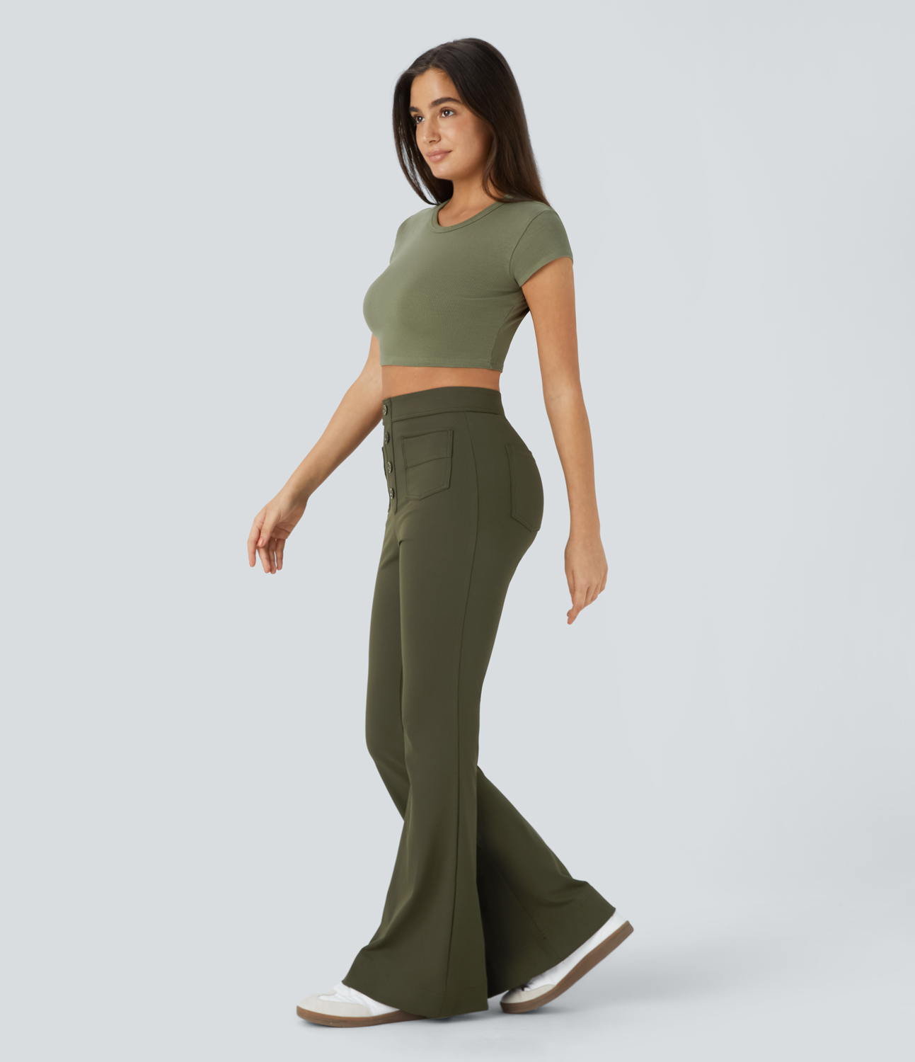 Halara High Waisted Button Multiple Pockets Flare Casual Pants  - Forest Night - XS 