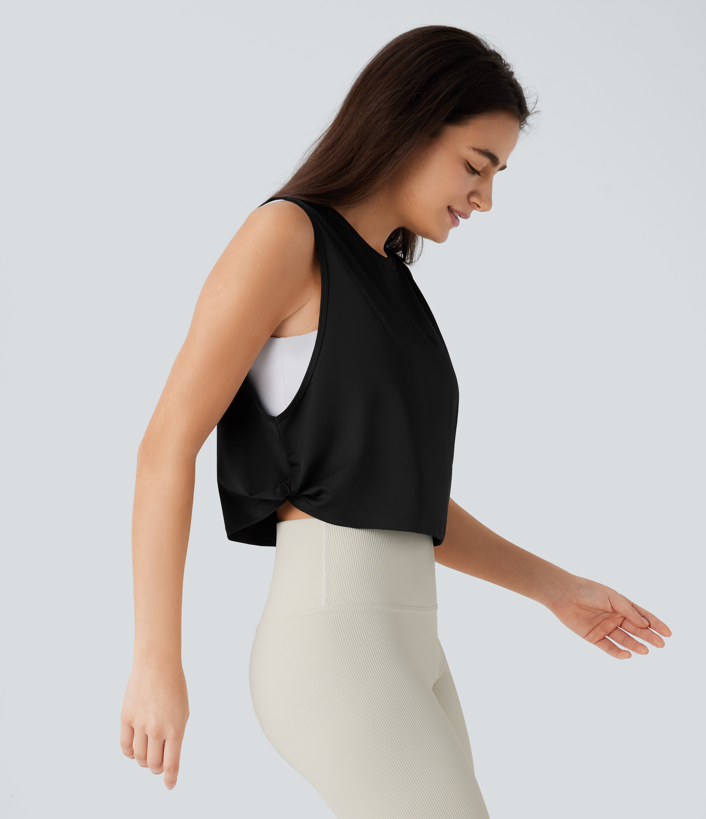 Halara Round Neck Twisted Curved Hem Cropped Pickleball Tank Top Tank Top - Black - M golf tops halter top tunic tops sleeveless tops 