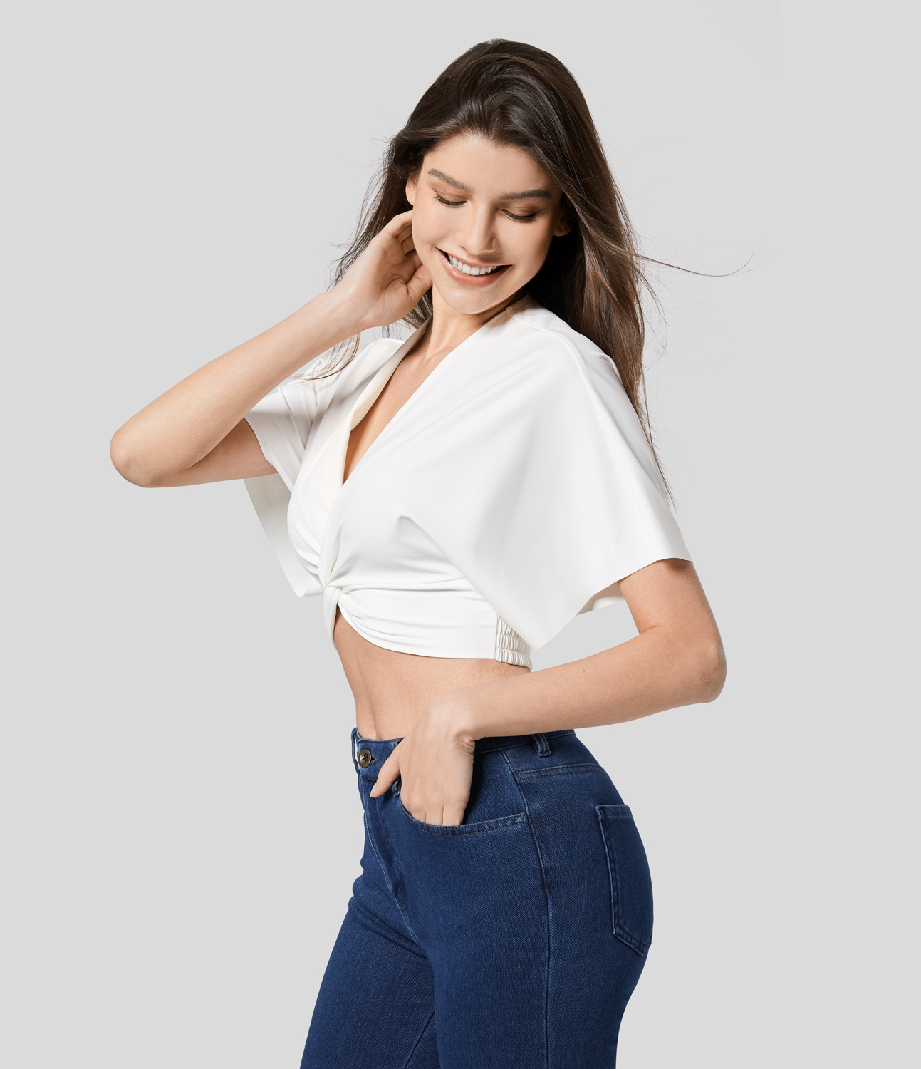 Halara V Neck Short Sleeve Twisted Shirred Cropped Casual Blouse  - White - S 