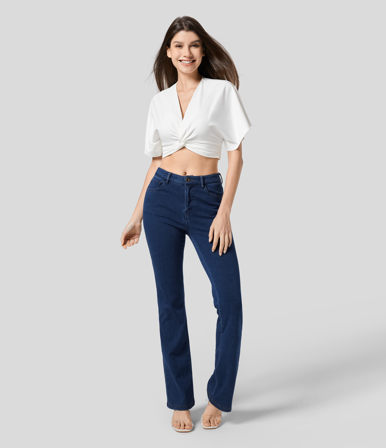Halara V Neck Short Sleeve Twisted Shirred Cropped Casual Blouse  - White - S 