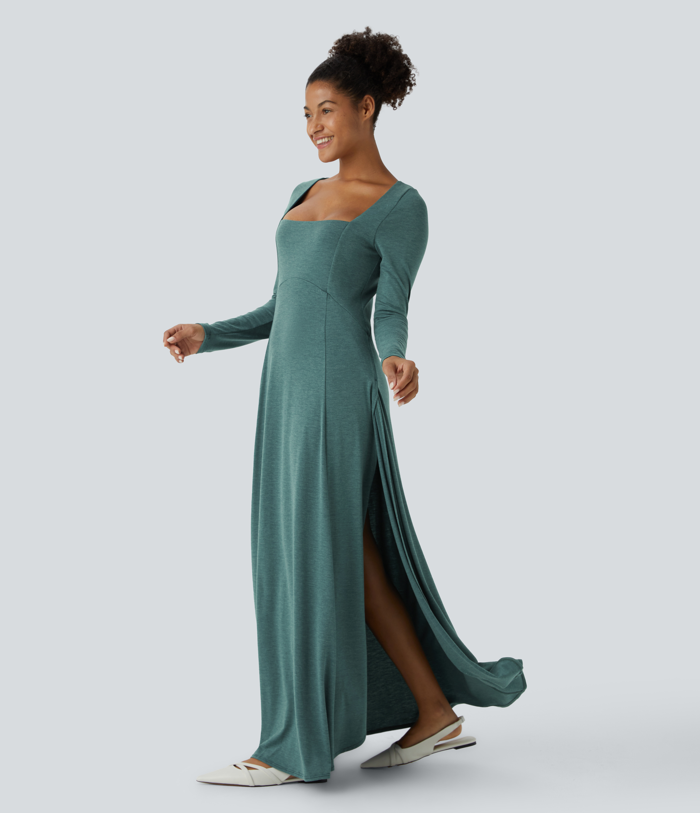 Halara Square Neck Long Sleeve Split Flowy Flare Maxi Casual Dress Casual Dress - Jade Green Floral Yarn - XL slip dress beach dress 