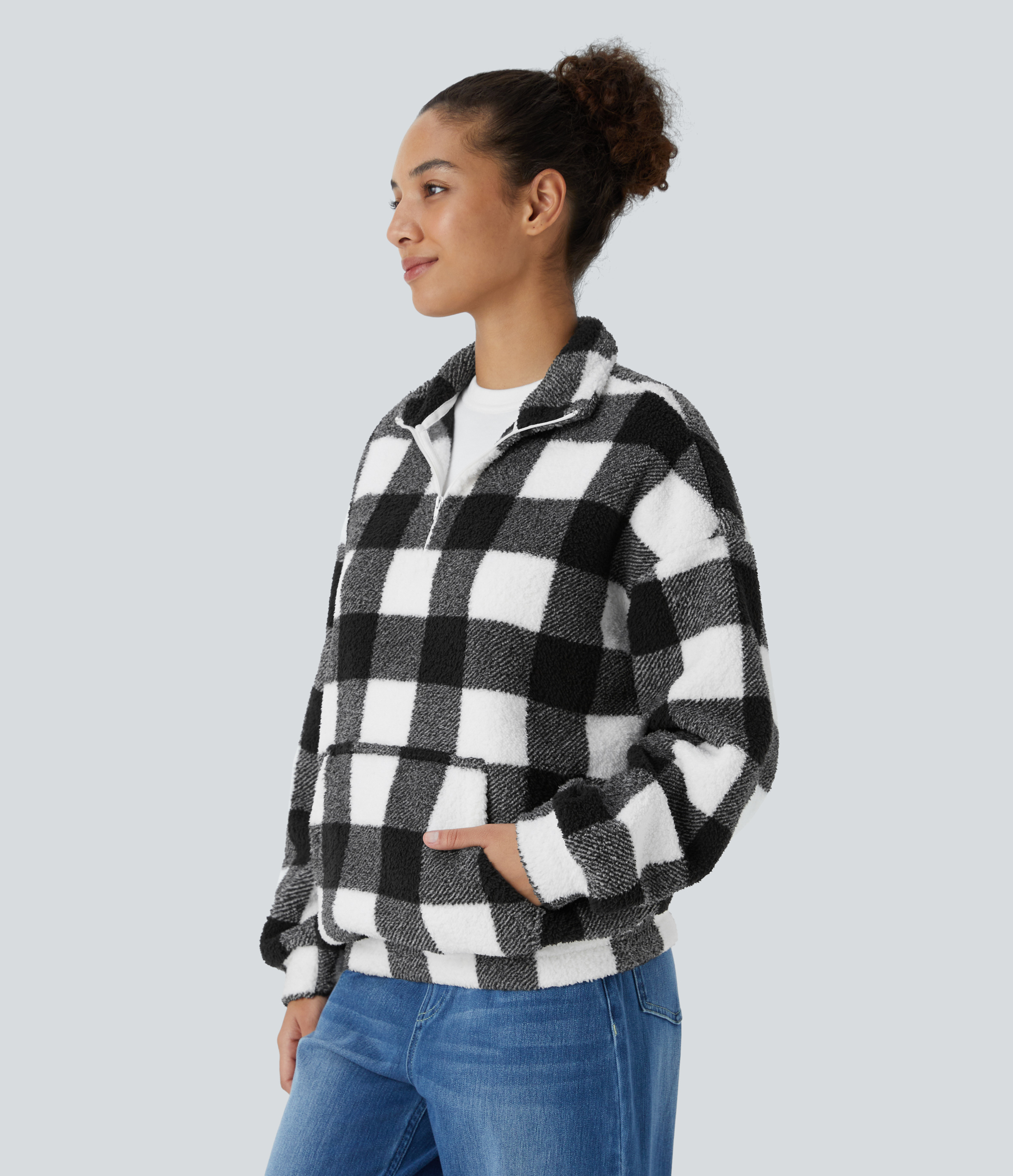 Halara Collared Half Zipper Dropped Shoulder Kangaroo Pocket Plaid Fleece Relaxed Casual Sweatshirt  - Cream White Plaid - L 