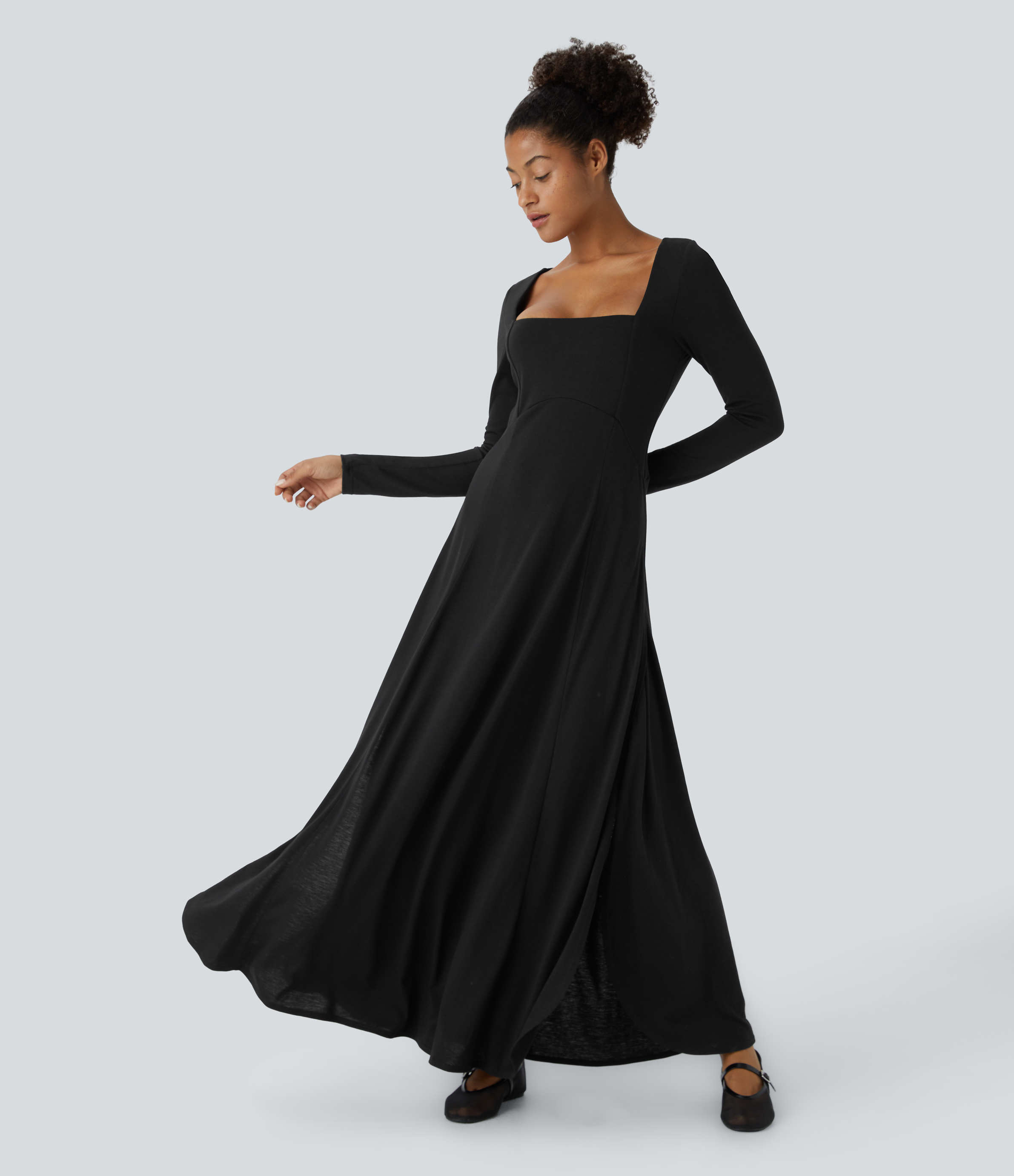 Knit Long Sleeve Round Collar Ladies Fashion Fit And Flare Maxi Long Solid Dresses