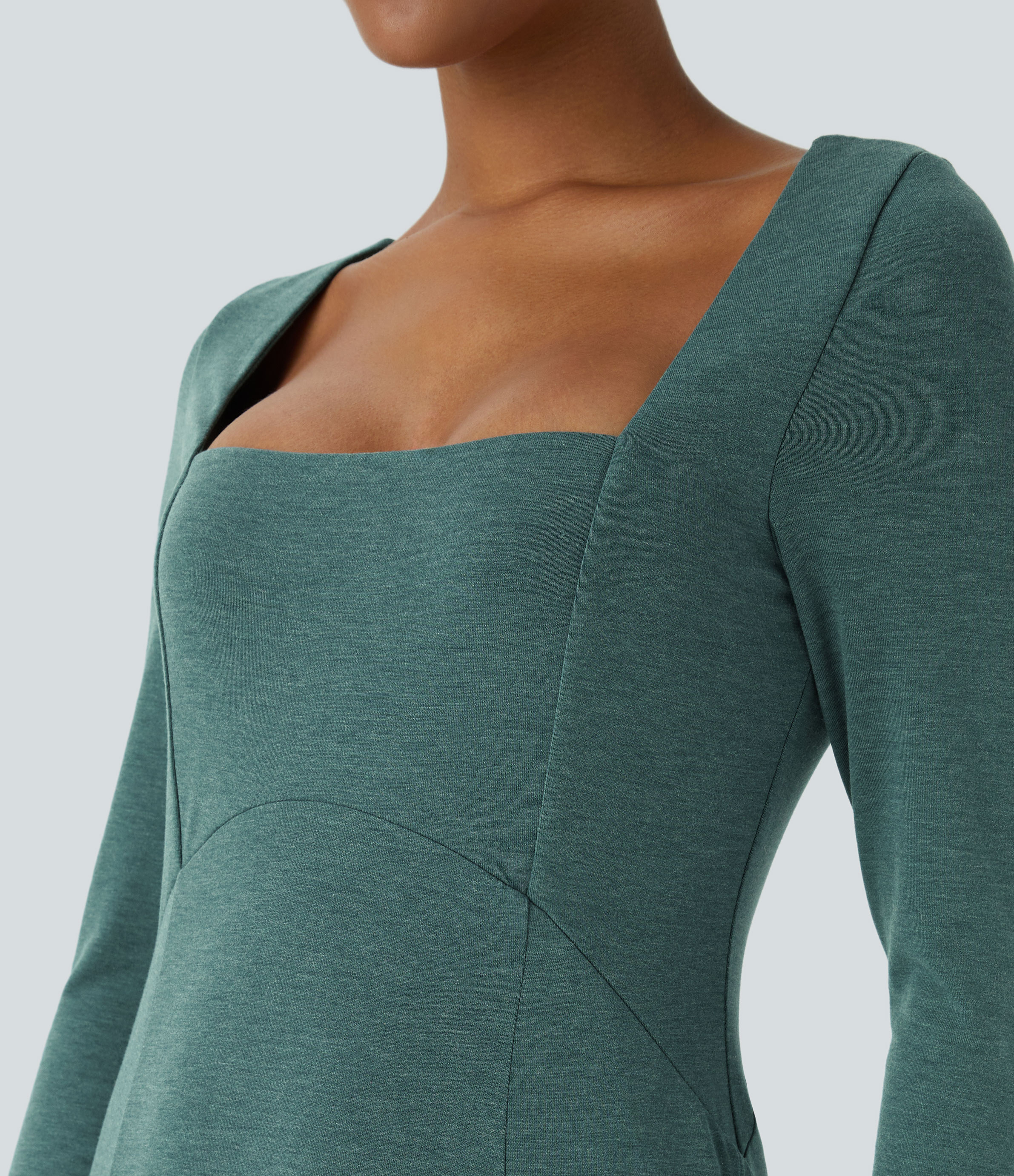 Halara Square Neck Long Sleeve Split Flowy Flare Maxi Casual Dress Casual Dress - Jade Green Floral Yarn - XL slip dress beach dress 