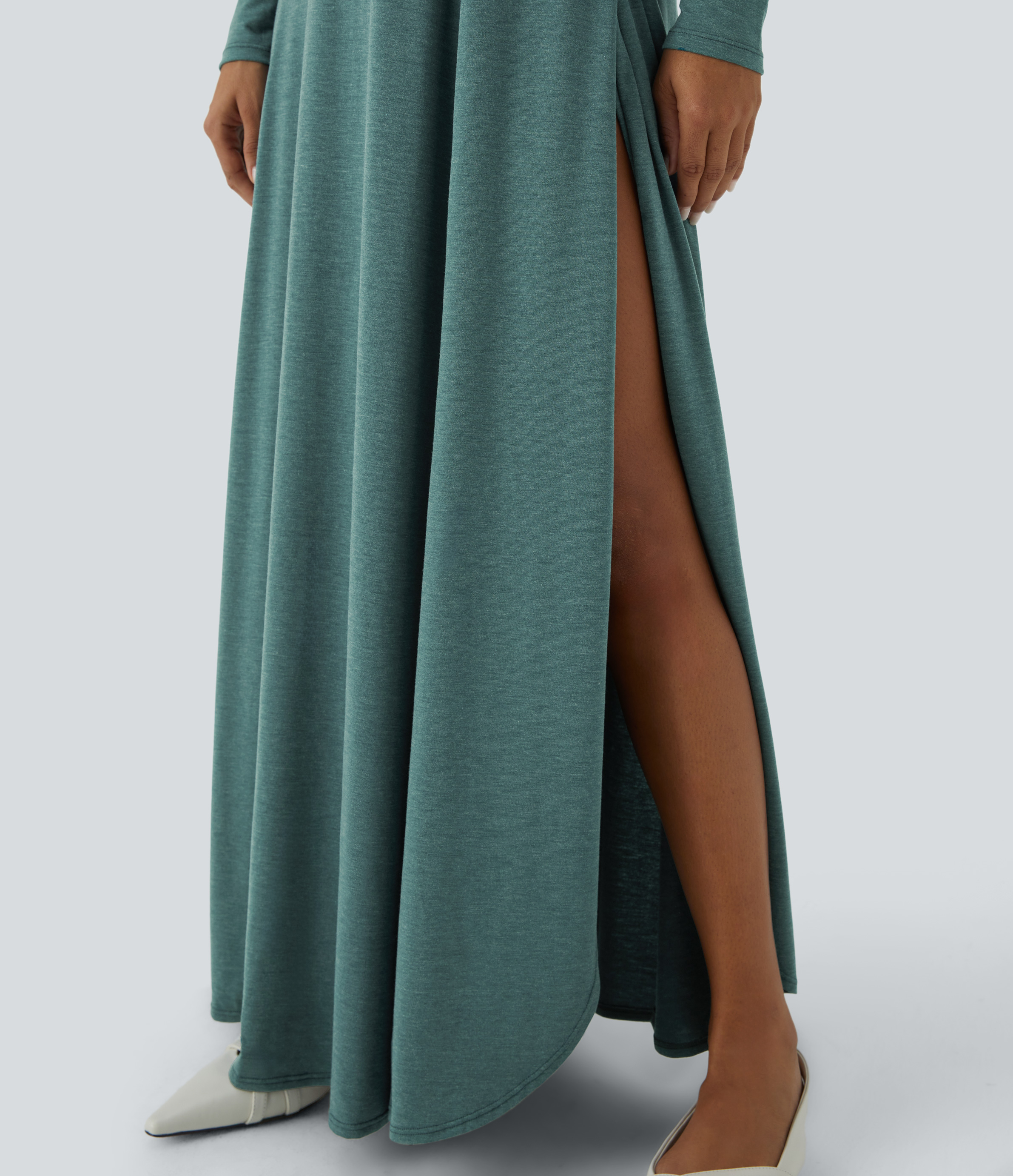 Halara Square Neck Long Sleeve Split Flowy Flare Maxi Casual Dress Casual Dress - Jade Green Floral Yarn - XL slip dress beach dress 