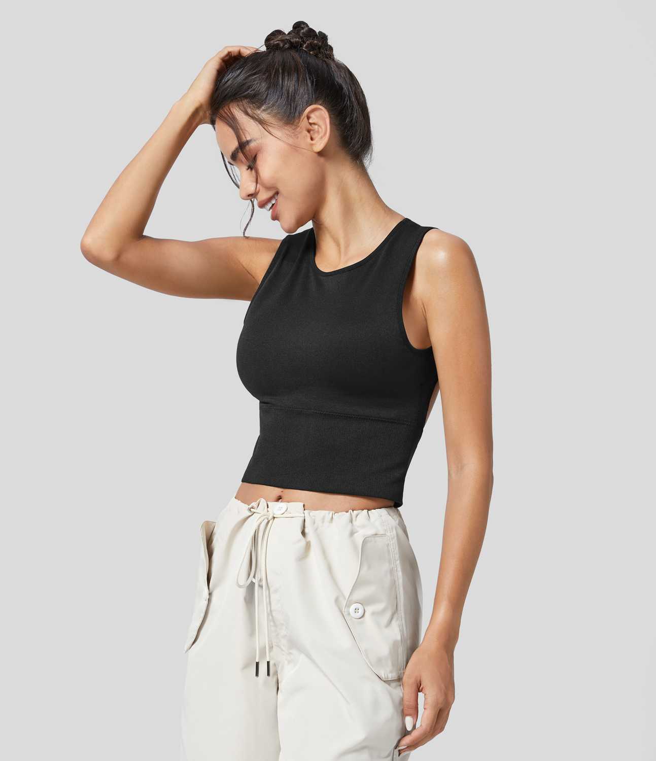 Halara Seamless Flow Round Neck Sleeveless Backless Solid Yoga Tank Top Tank Top - Black - L golf tops halter top tunic tops sleeveless tops 