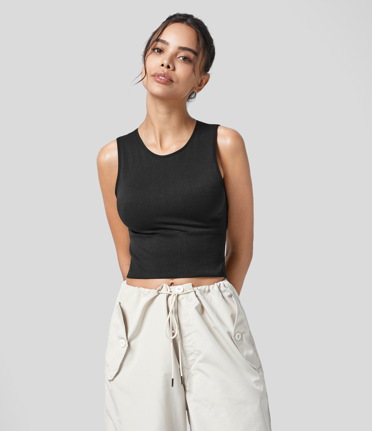 Halara Seamless Flow Round Neck Sleeveless Backless Solid Yoga Tank Top Tank Top - Black - L golf tops halter top tunic tops sleeveless tops 