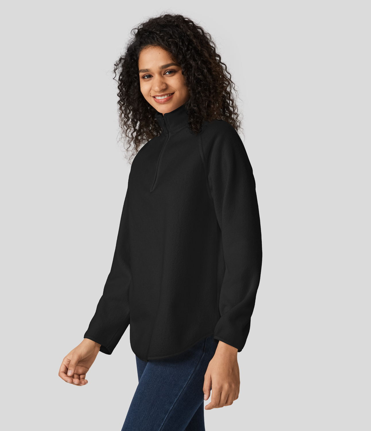 Halara Stand Collar Half Zip Raglan Sleeve Curved Hem Fleece Casual Sweatshirt  - Black - XS 