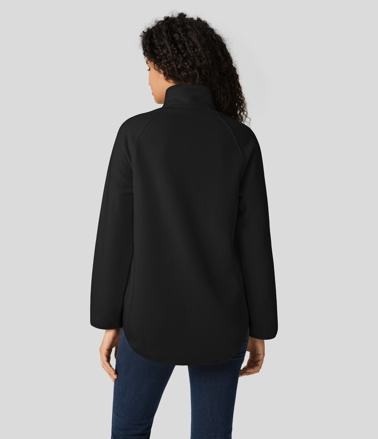 Halara Stand Collar Half Zip Raglan Sleeve Curved Hem Fleece Casual Sweatshirt  - Black - XS 