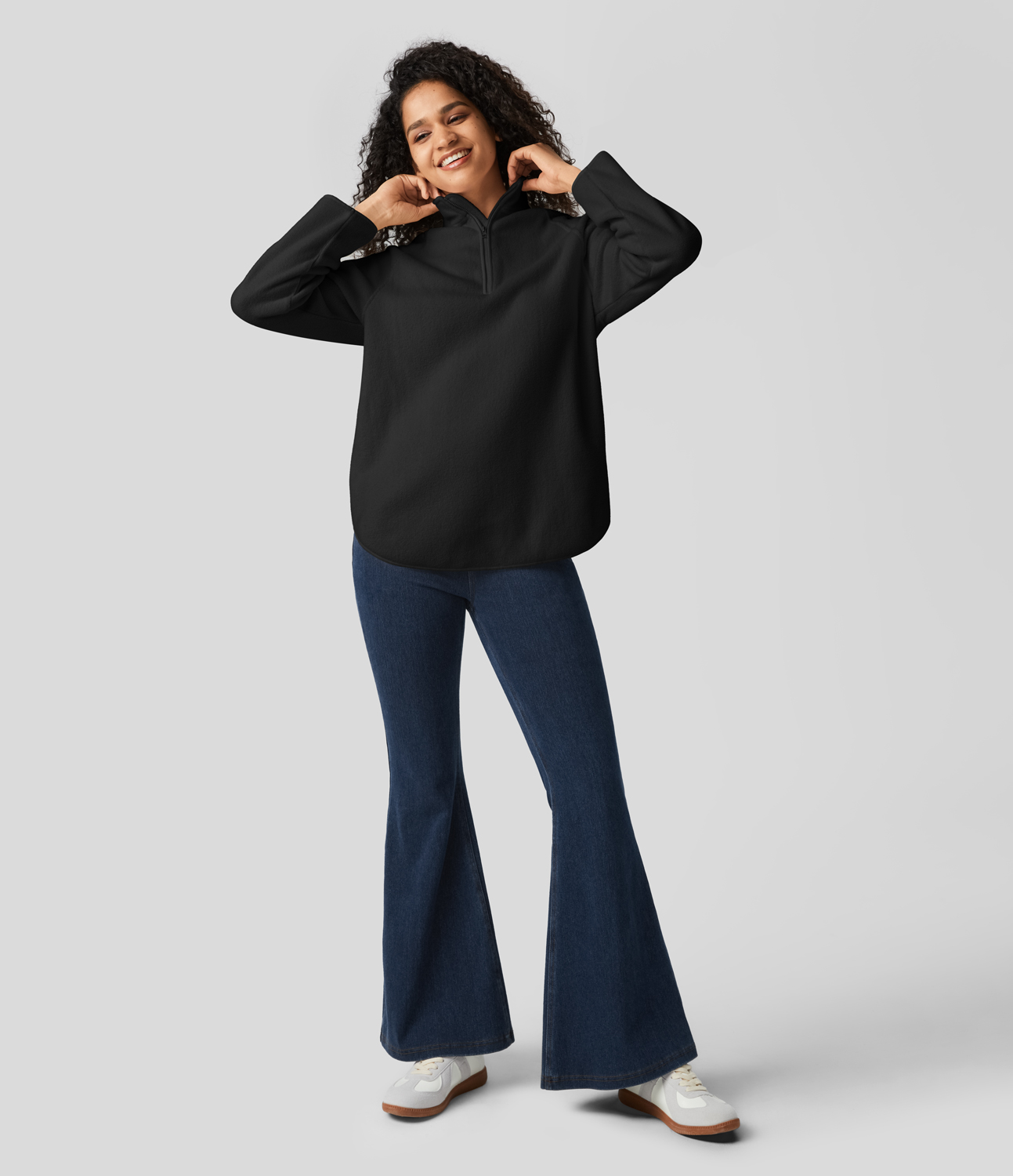 Halara Stand Collar Half Zip Raglan Sleeve Curved Hem Fleece Casual Sweatshirt  - Black - XS 