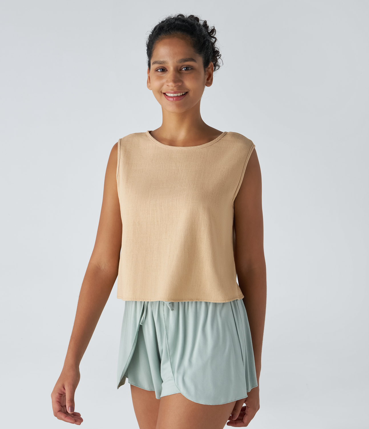 Halara Round Neck Back Button Resort Linen-Blend Tank Top Tank Top - Wheat - M golf tops halter top tunic tops sleeveless tops backless top 