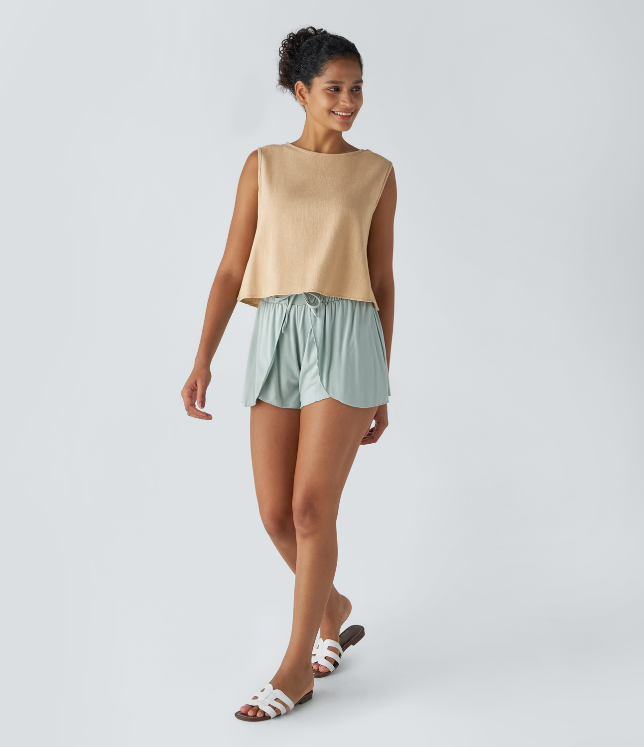 Halara Round Neck Back Button Resort Linen-Blend Tank Top Tank Top - Wheat - M golf tops halter top tunic tops sleeveless tops backless top 
