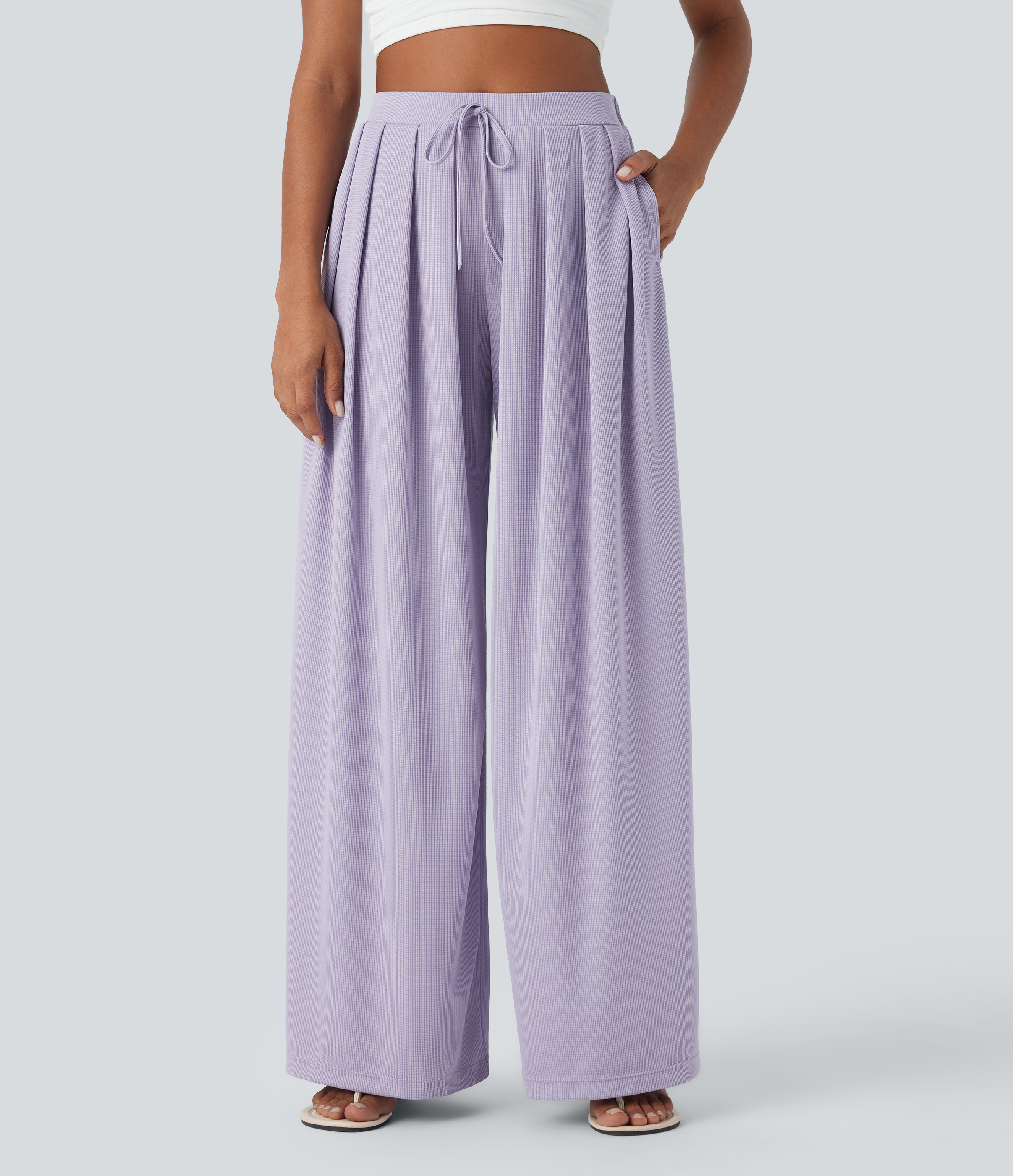 Halara Mid Rise Decorative Knot Plicated Side Pocket Waffle Loose Resort Pants  - Mashed Taro purple - XS(regular) sweatpants jogger pants 