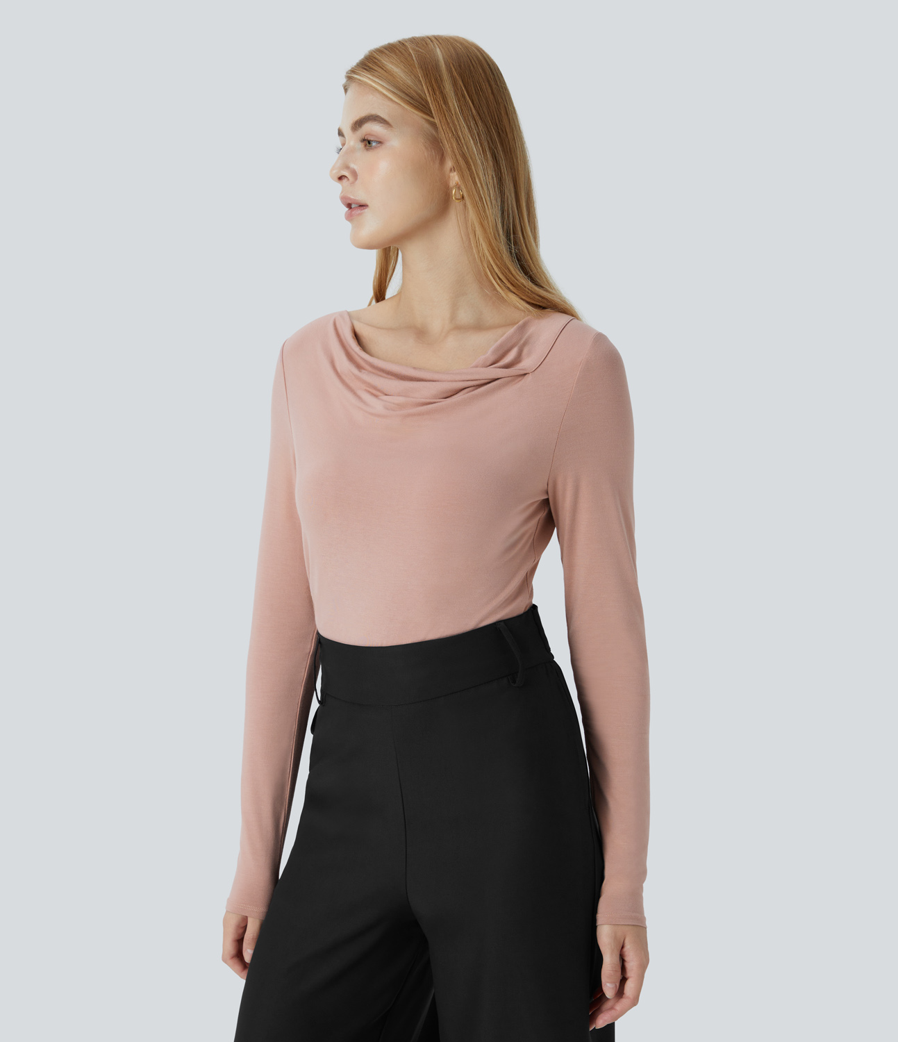Halara Cowl Neck Long Sleeve Slim Work Top Tank Top - Misty Rose - S golf tops halter top tunic tops sleeveless tops backless top 