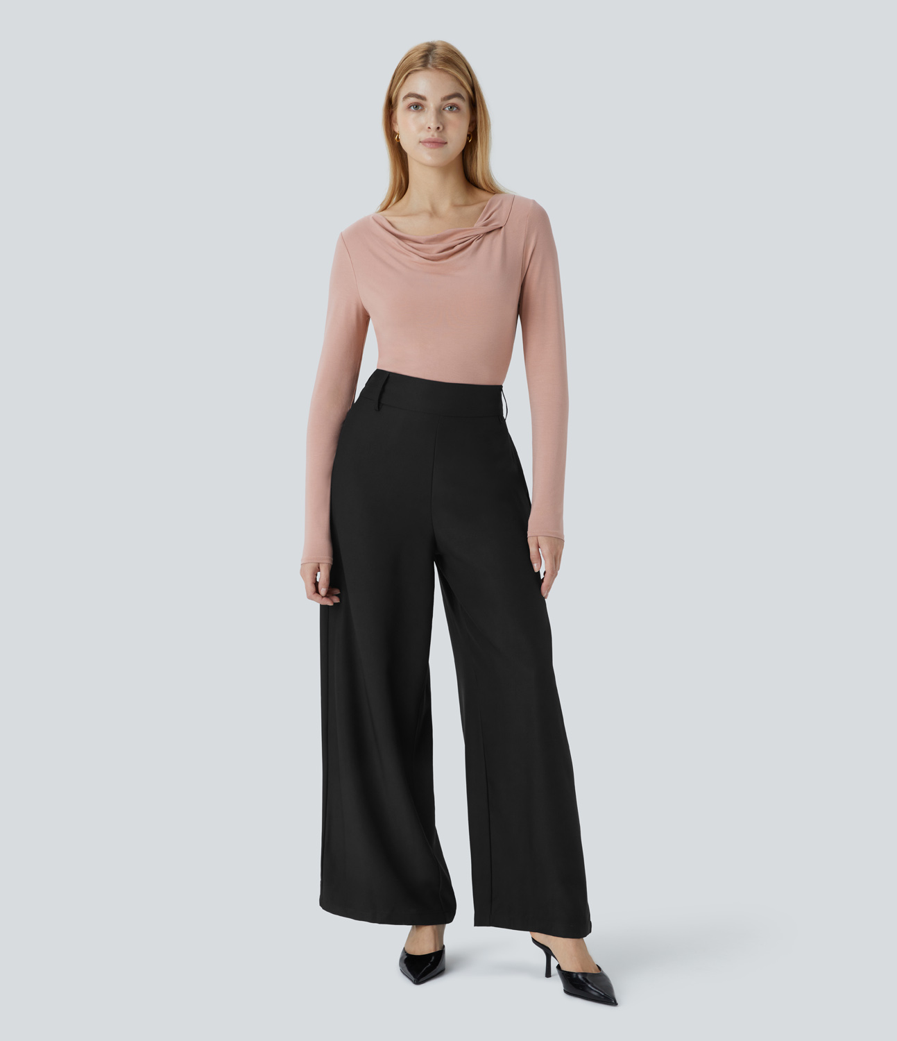Halara Cowl Neck Long Sleeve Slim Work Top Tank Top - Misty Rose - S golf tops halter top tunic tops sleeveless tops backless top 