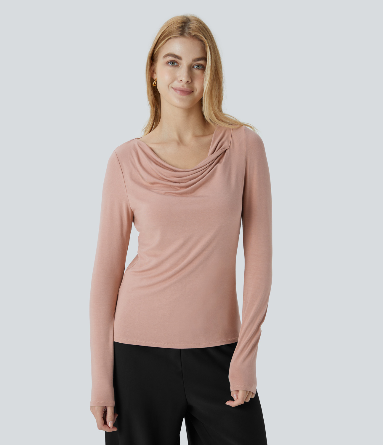 Halara Cowl Neck Long Sleeve Slim Work Top Tank Top - Misty Rose - S golf tops halter top tunic tops sleeveless tops backless top 