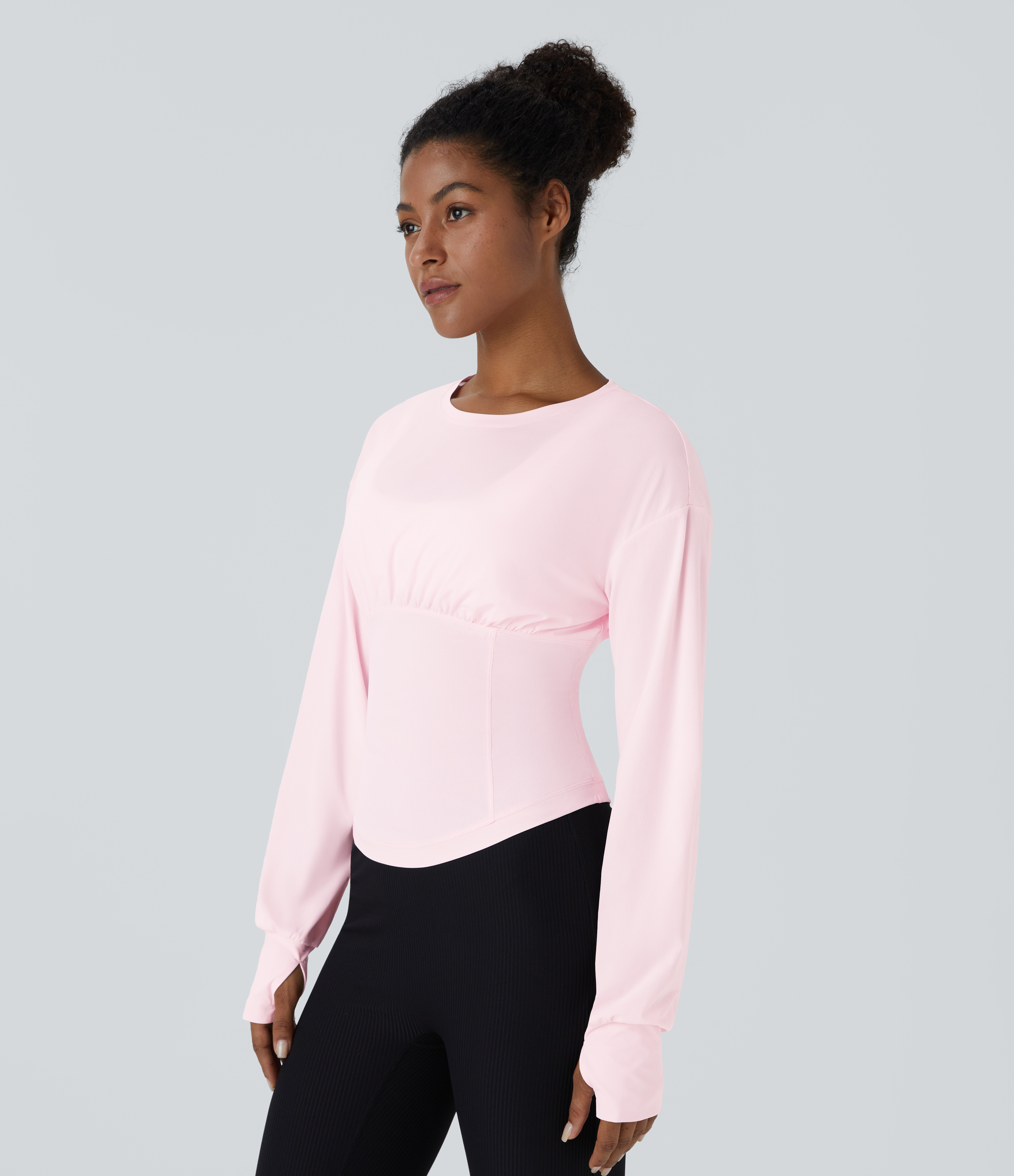Halara Round Neck Plicated Thumb Hole Slim Yoga Sports Top  - Rice Pink - XL 