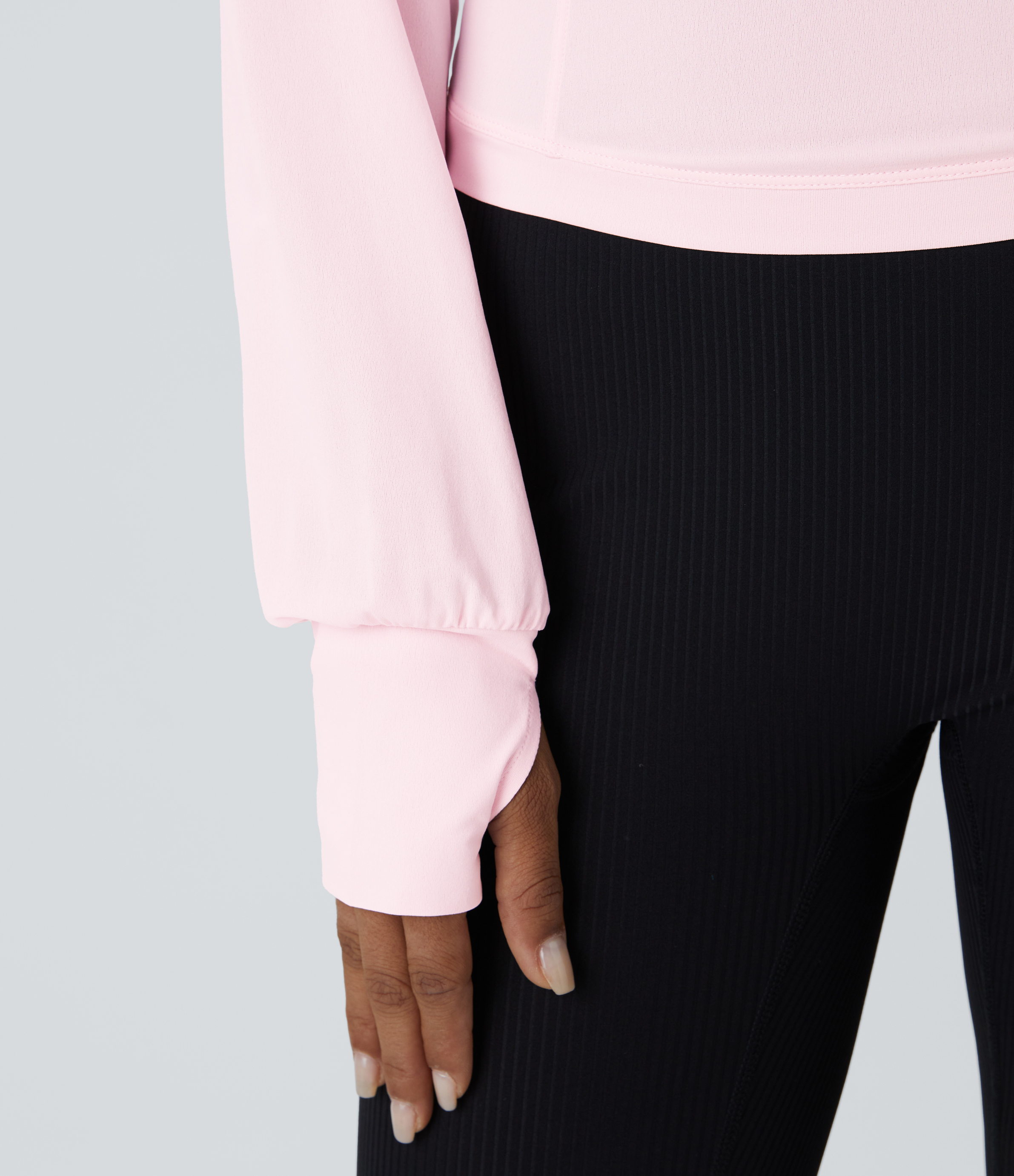 Halara Round Neck Plicated Thumb Hole Slim Yoga Sports Top  - Rice Pink - XL 