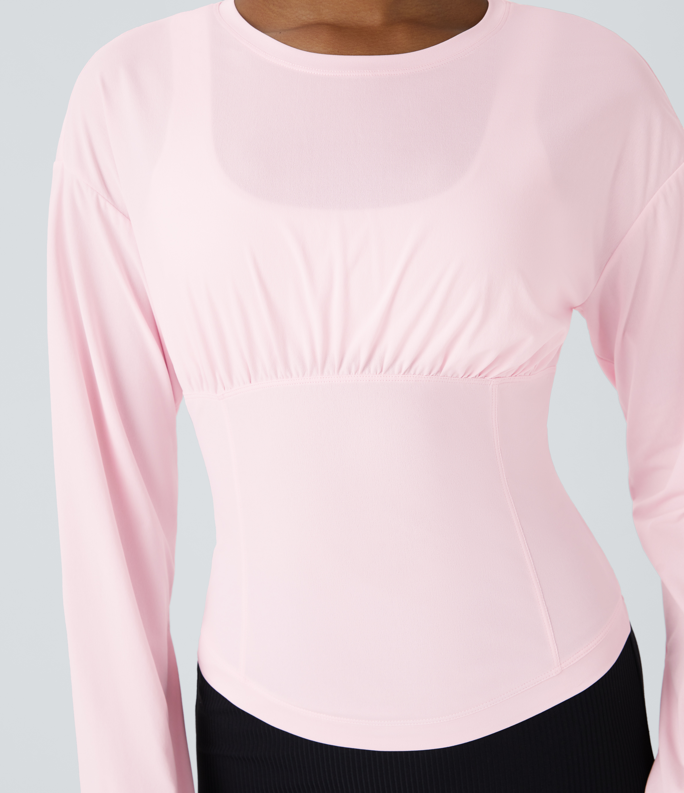Halara Round Neck Plicated Thumb Hole Slim Yoga Sports Top  - Rice Pink - XL 
