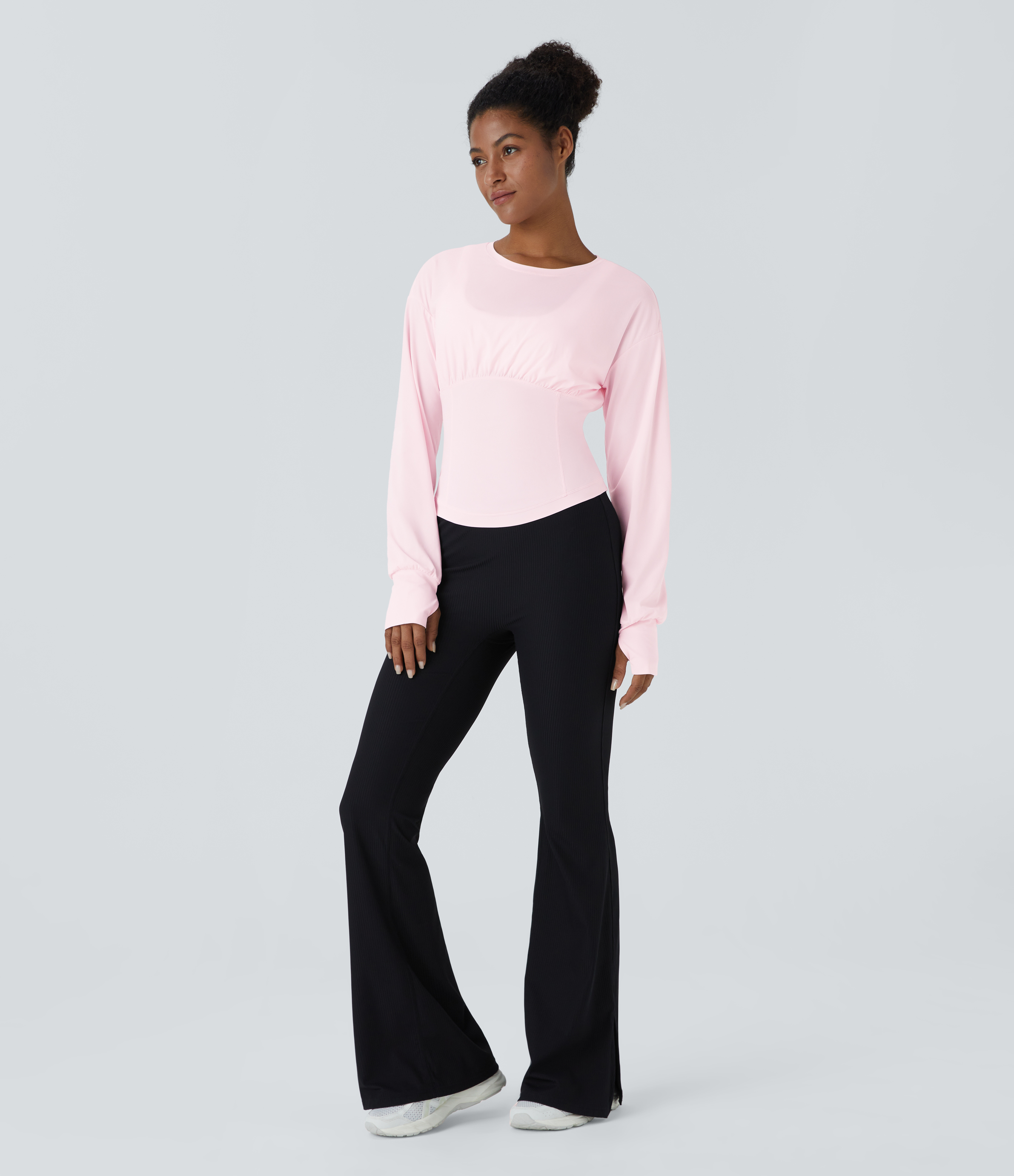 Halara Round Neck Plicated Thumb Hole Slim Yoga Sports Top  - Rice Pink - XL 