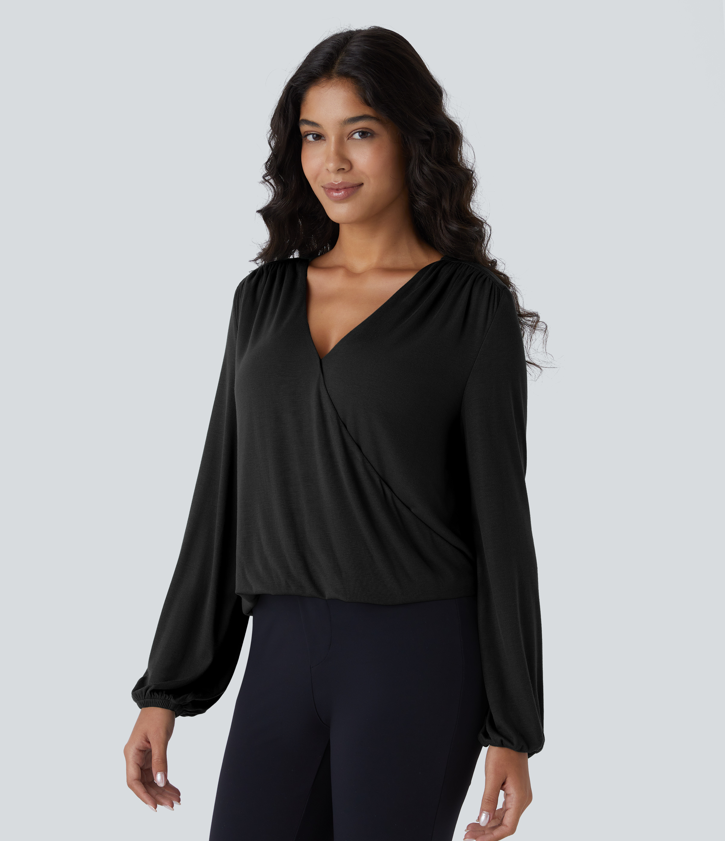 Halara Ribbed V Neck Invisible Snap Button Long Sleeve Wrapped Work Top Tank Top - Black - XL golf tops halter top tunic tops sleeveless tops 