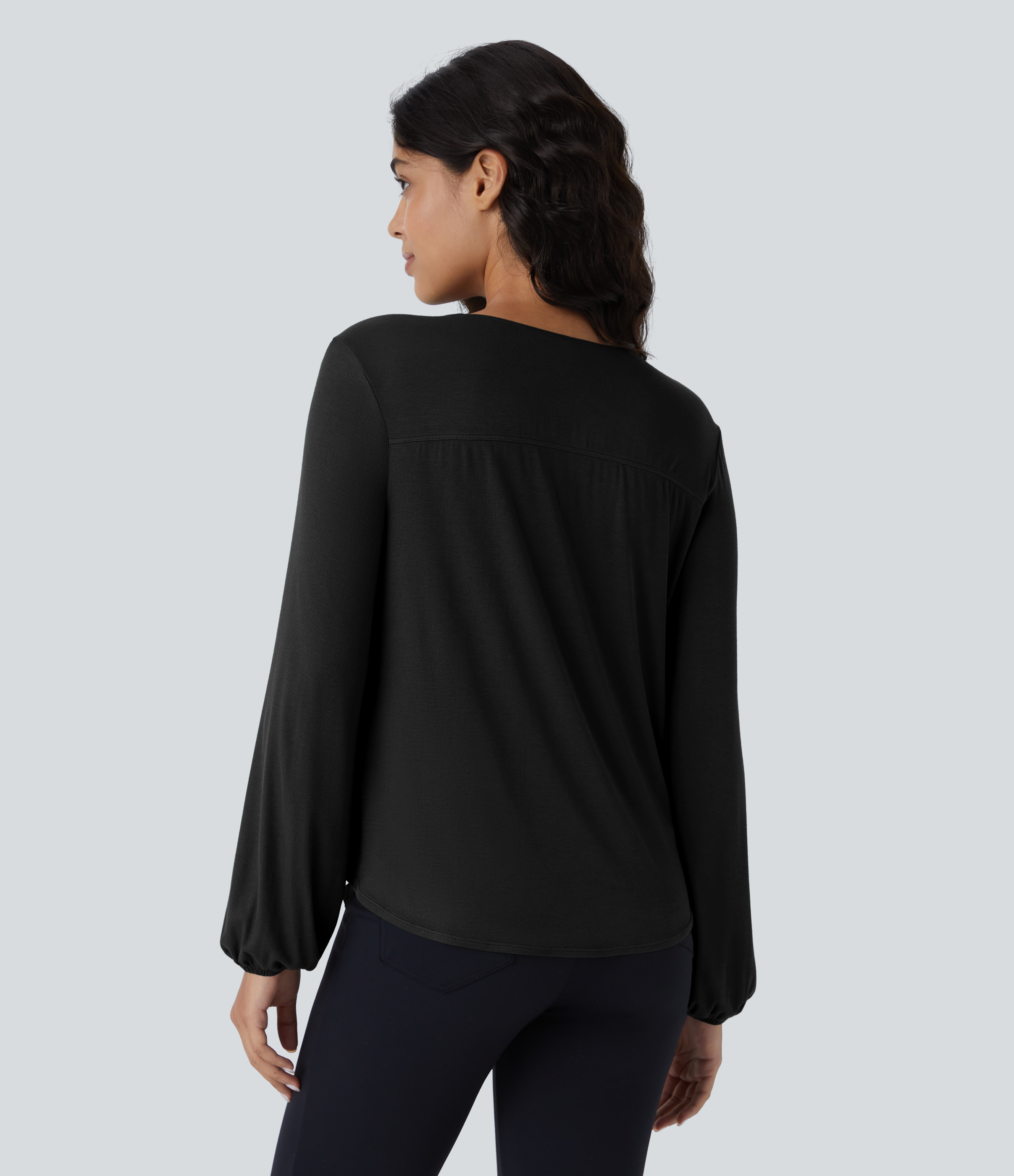 Halara Ribbed V Neck Invisible Snap Button Long Sleeve Wrapped Work Top Tank Top - Black - XL golf tops halter top tunic tops sleeveless tops 