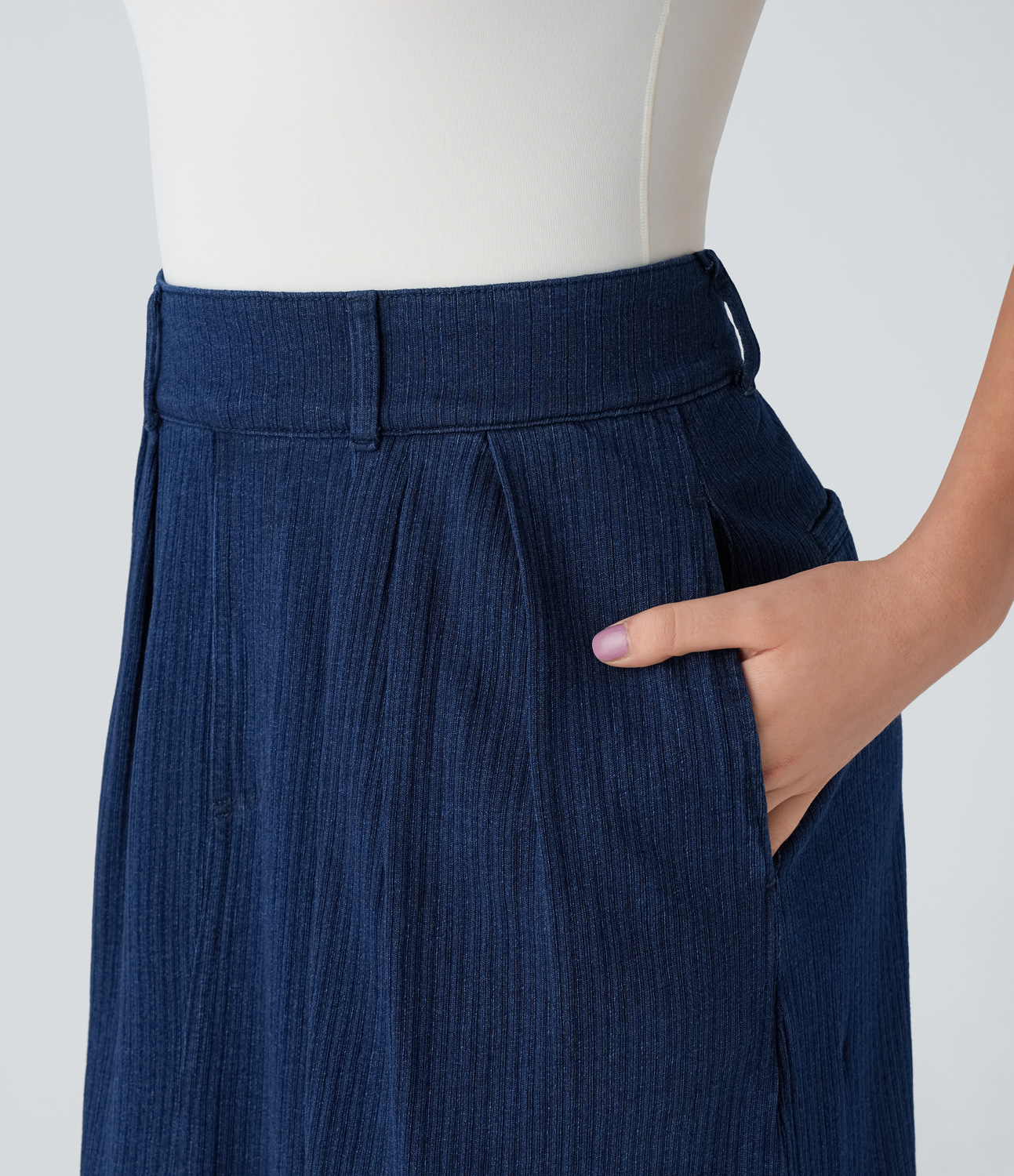 

Halara Halaramagicв„ў Mid Rise Side Pocket A Line Maxi Washed Stretchy Knit Denim Casual Skirt - Dark Marl Blue Denim