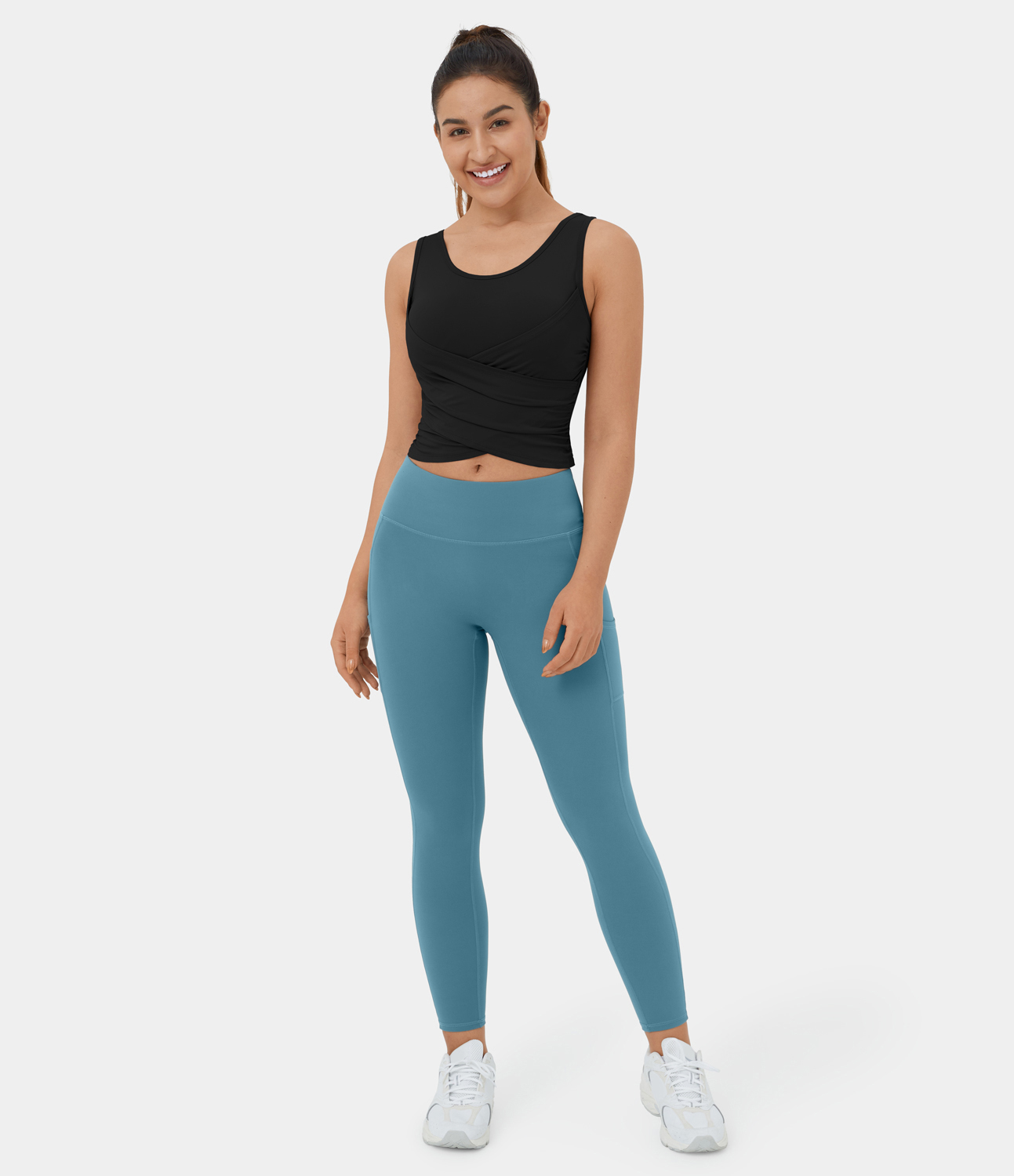 Halara Softlyzeroв„ў Airy Round Neck Crossover Hem Plicated Stacked Cropped Cool Touch Yoga Tank Top Tank Top - Black - S golf tops halter top 