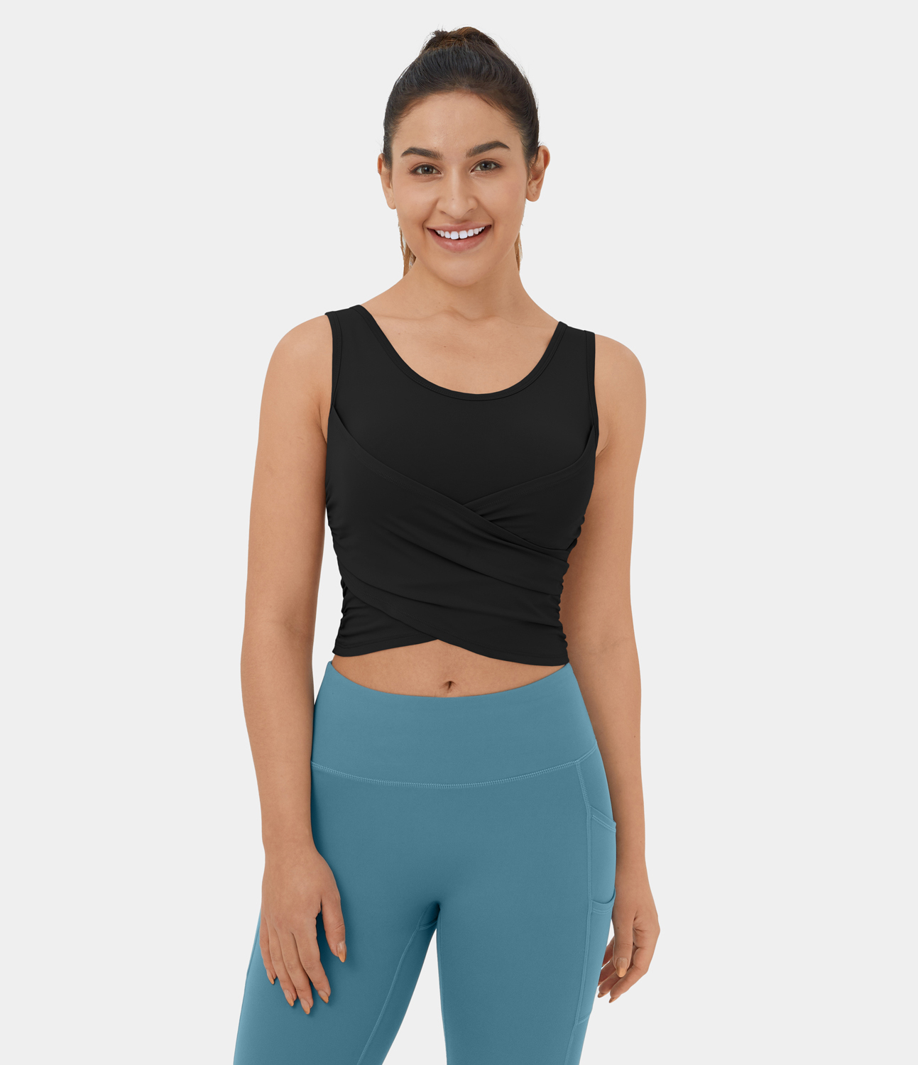 Halara Softlyzeroв„ў Airy Round Neck Crossover Hem Plicated Stacked Cropped Cool Touch Yoga Tank Top Tank Top - Black - S golf tops halter top 