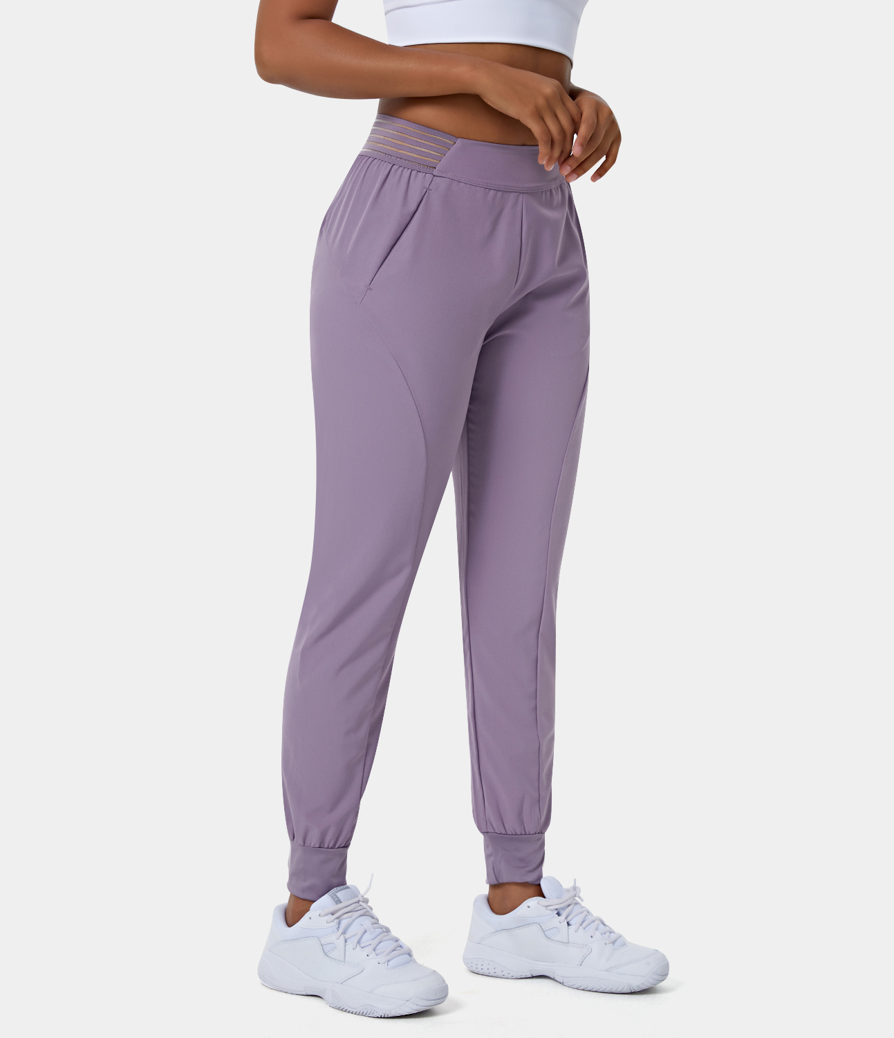 Women's High Waisted Elastic Contrast Mesh Waistband Joggers HALARA