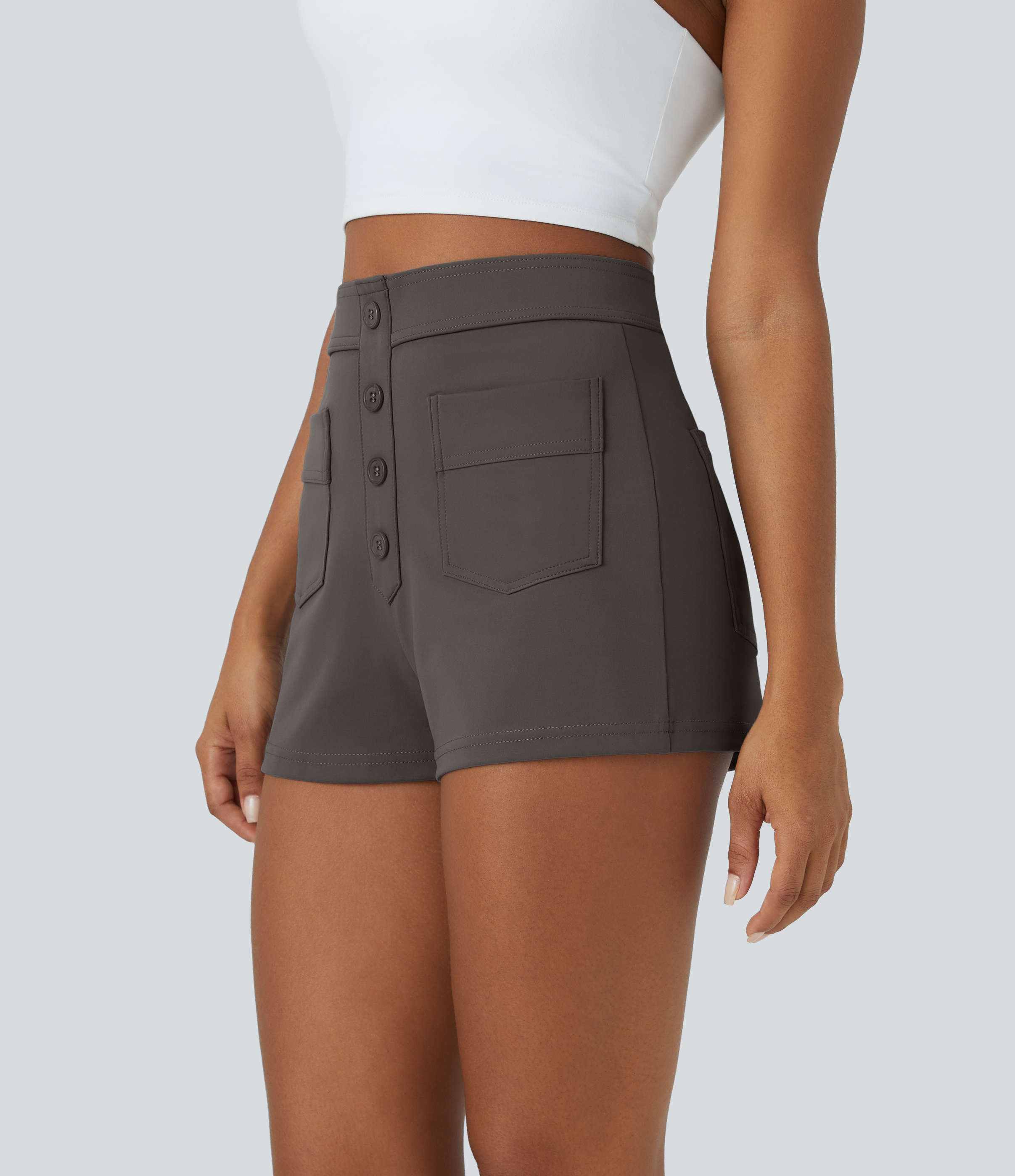 Halara High Waisted Button Multiple Pockets Casual Shorts 2.5``  - Deep Red Grey - XL 