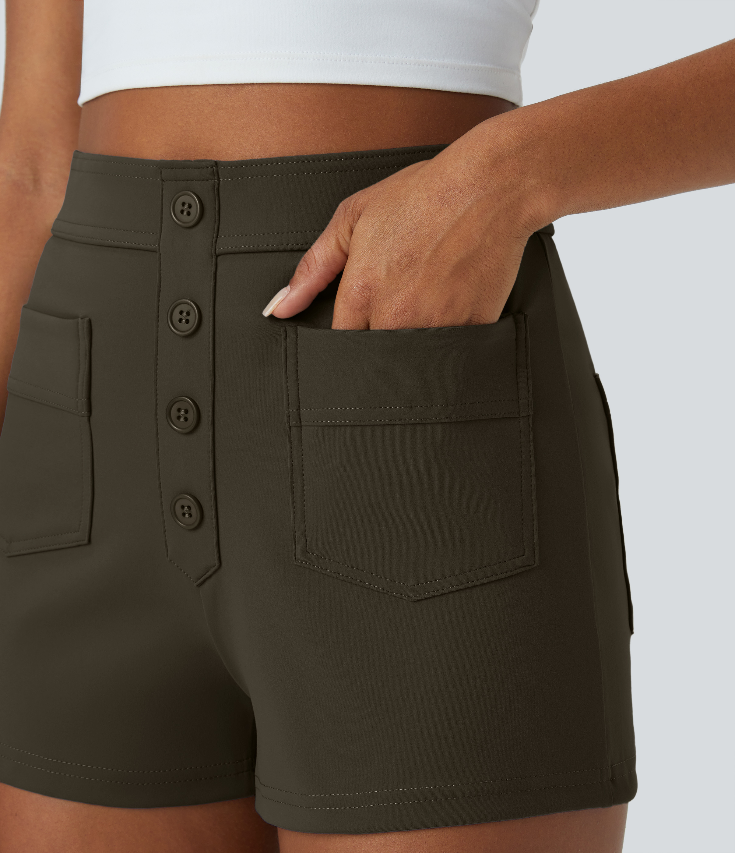 Halara High Waisted Button Multiple Pockets Casual Shorts 2.5``  - Forest Night - S 