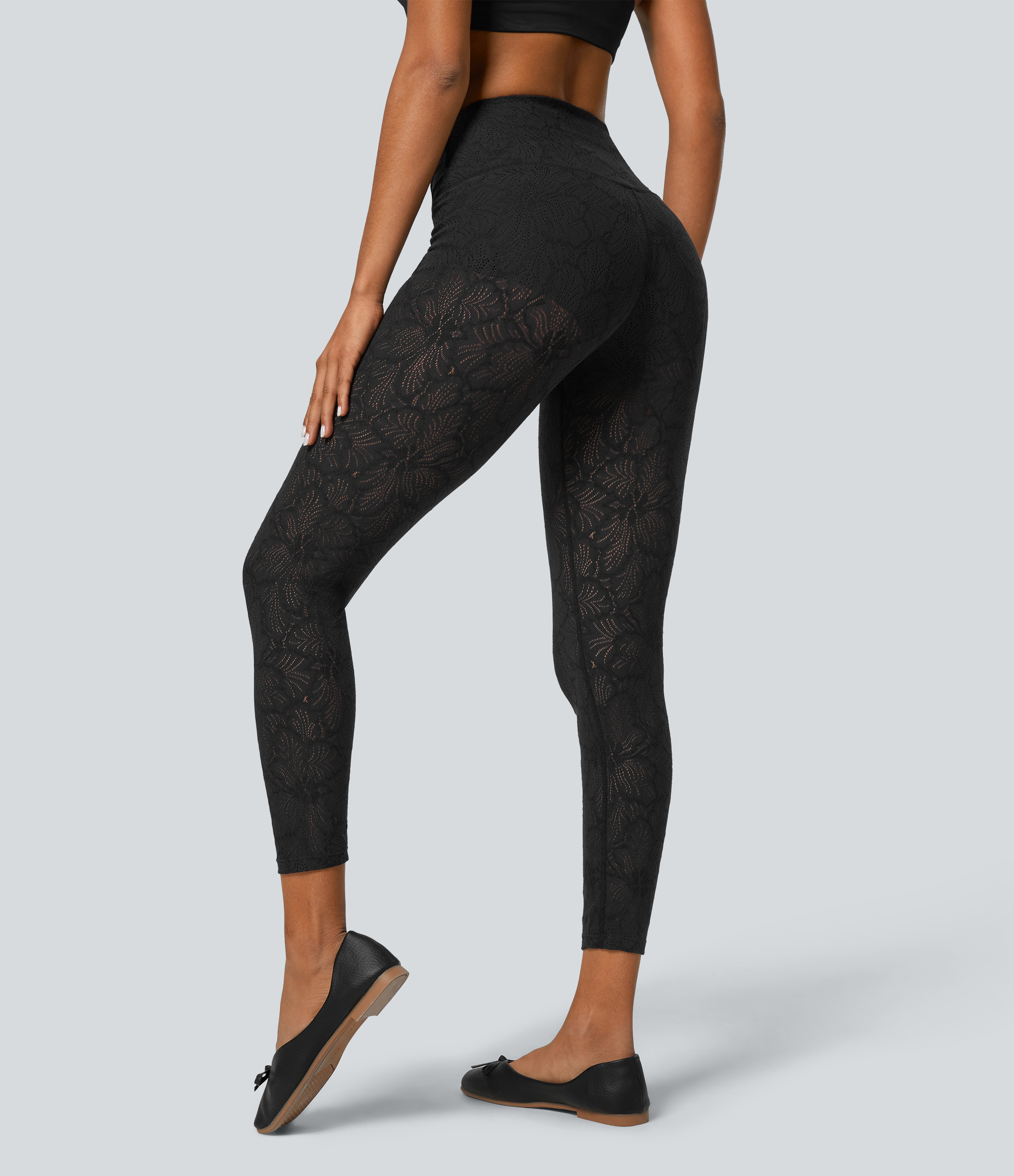 Halara High Waisted Crossover 2-in-1 7/8 Lace Casual Leggings  - Black - XS(7/8) 