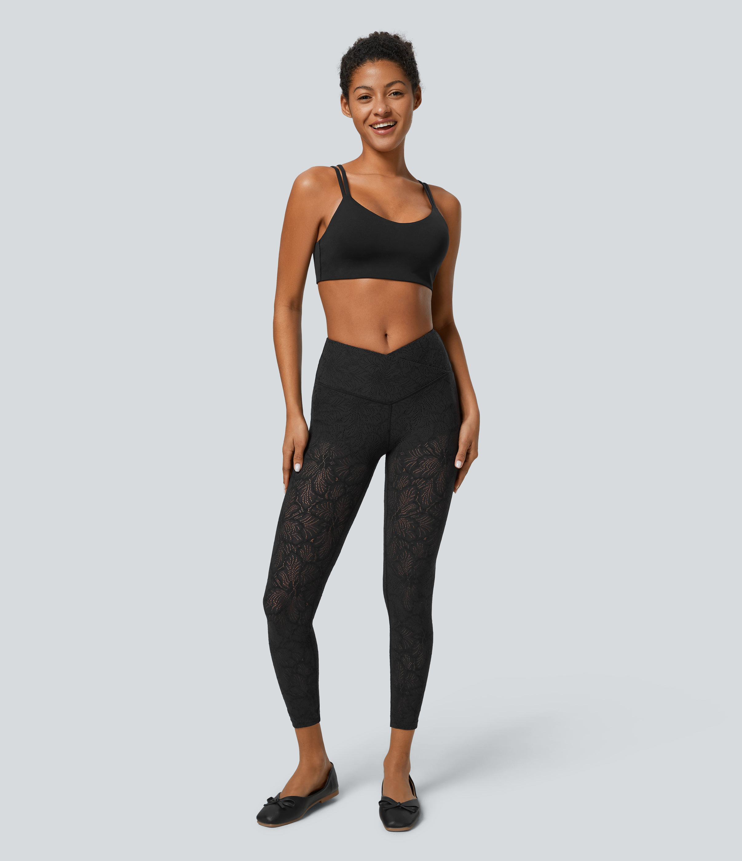 Halara High Waisted Crossover 2-in-1 7/8 Lace Casual Leggings  - Black - XS(7/8) 
