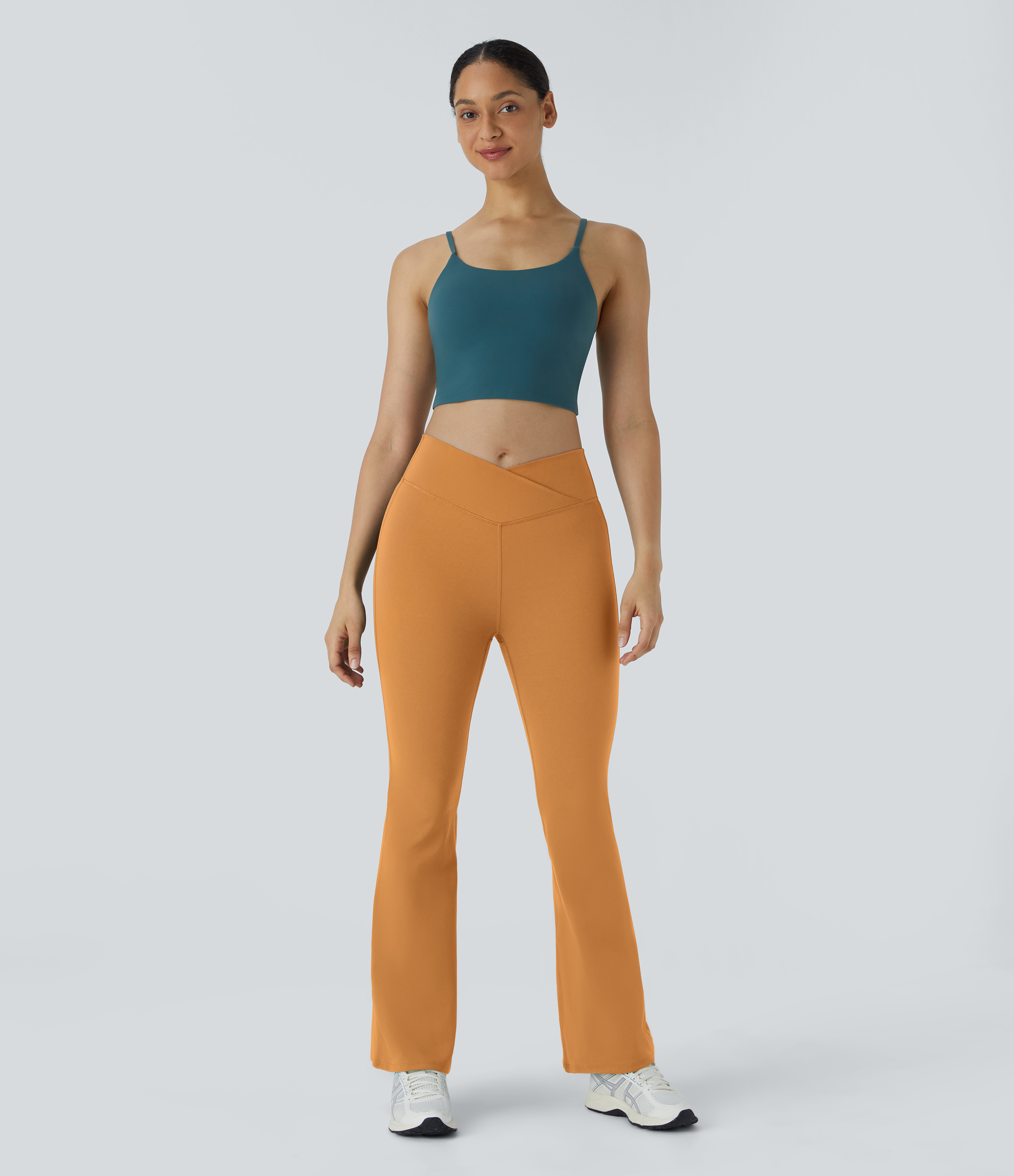 Halara High Waisted Crossover Flare Yoga Leggings  - Buckskin - S(petite) gym leggings leggings with pockets leggings with butt lift 