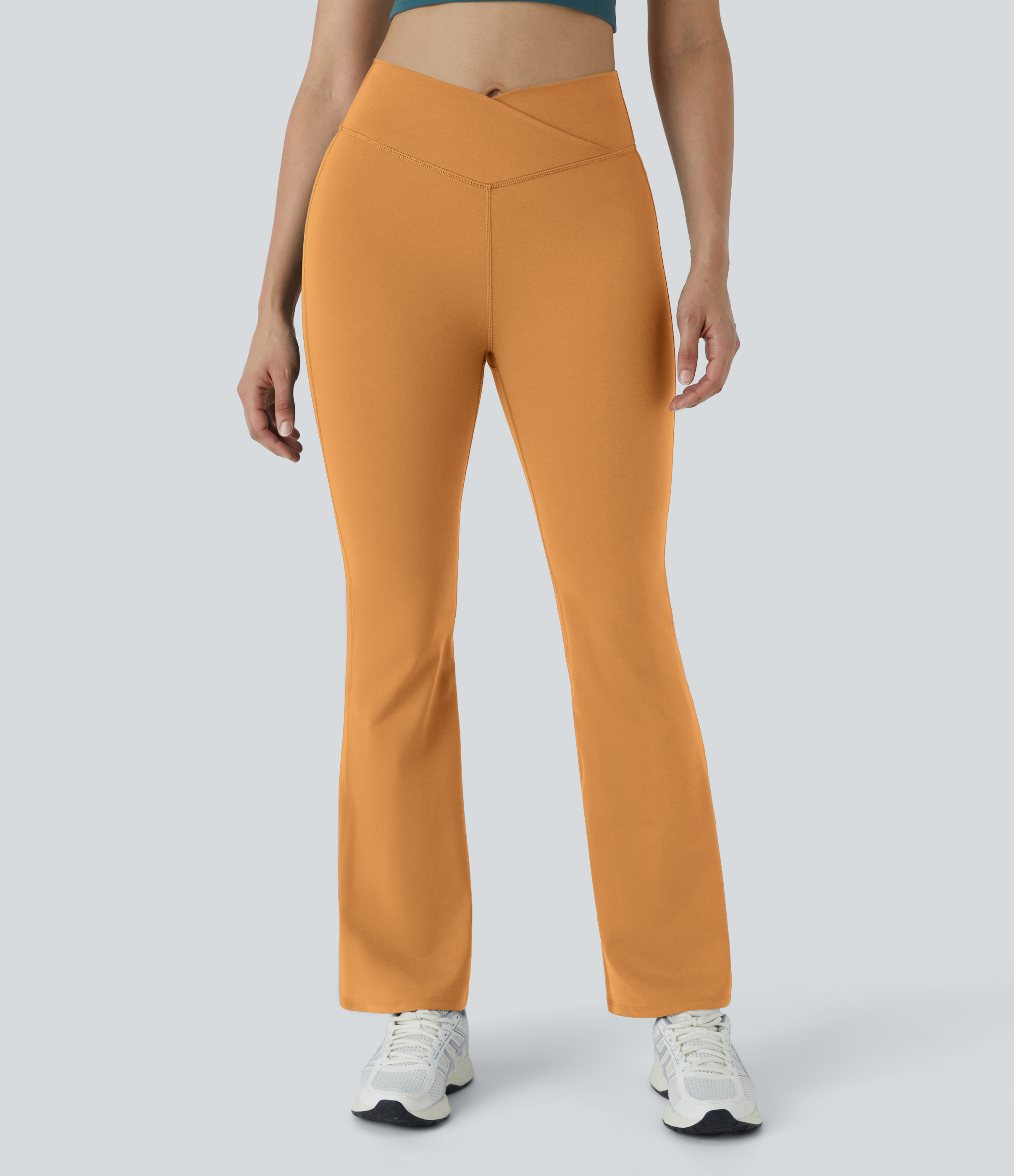 Halara High Waisted Crossover Flare Yoga Leggings  - Buckskin - S(petite) gym leggings leggings with pockets leggings with butt lift 