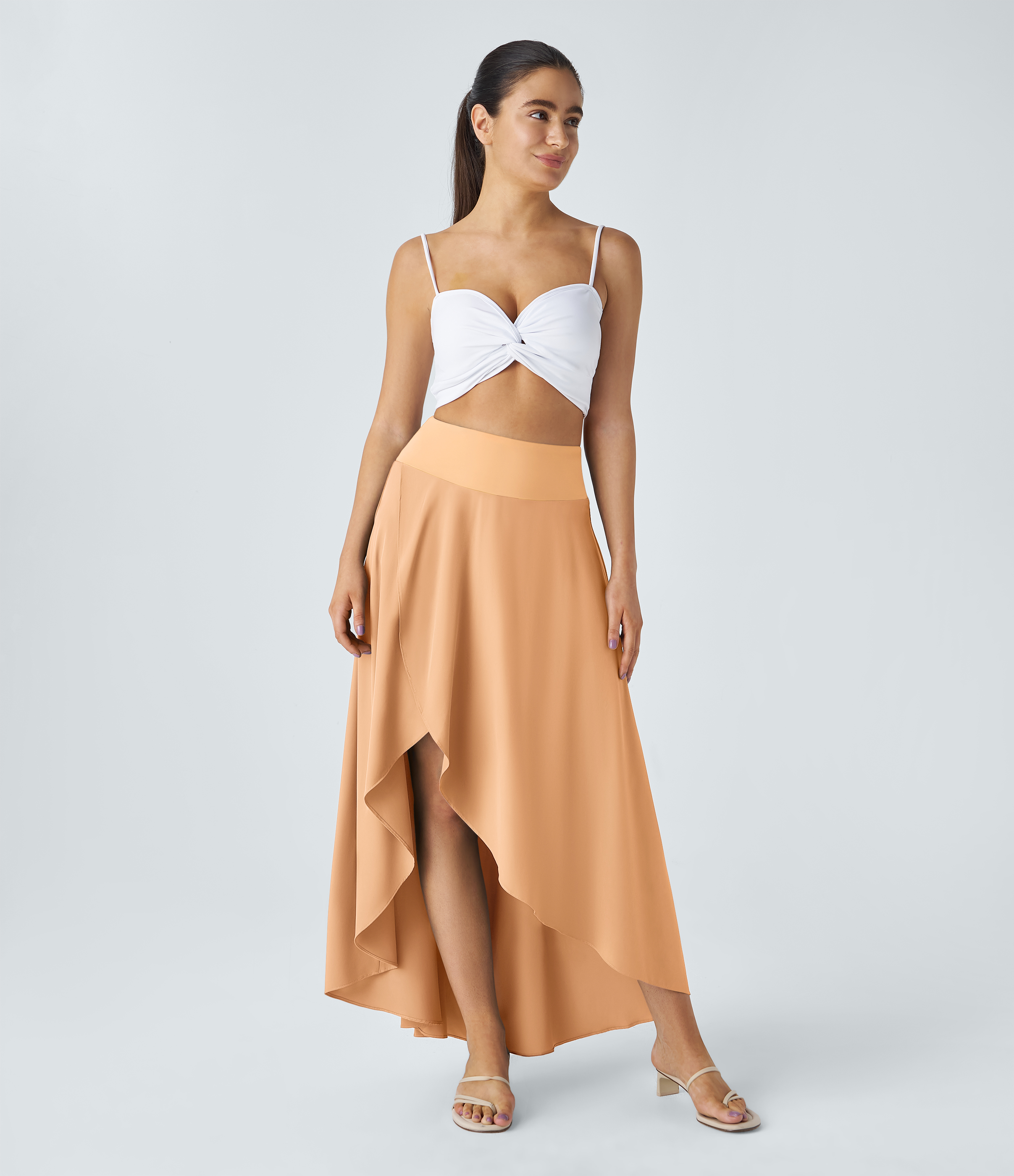 Halara Breezefulв„ў High Waisted High Low Ruffle 2-in-1 Flowy Quick Dry Casual Regular Maxi Skirt  - Peach Orange - S(regular) 
