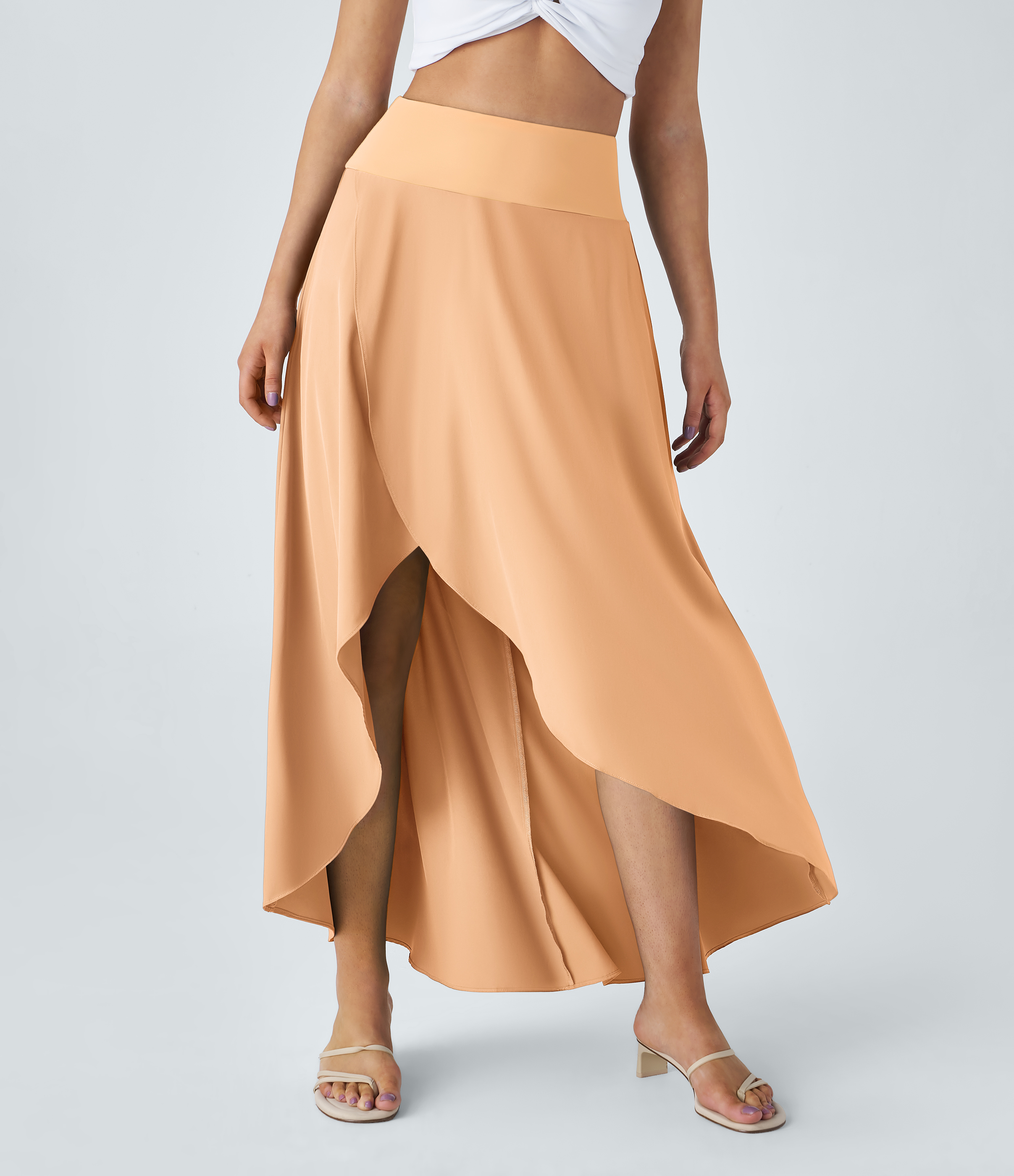 Halara Breezefulв„ў High Waisted High Low Ruffle 2-in-1 Flowy Quick Dry Casual Regular Maxi Skirt  - Peach Orange - S(regular) 