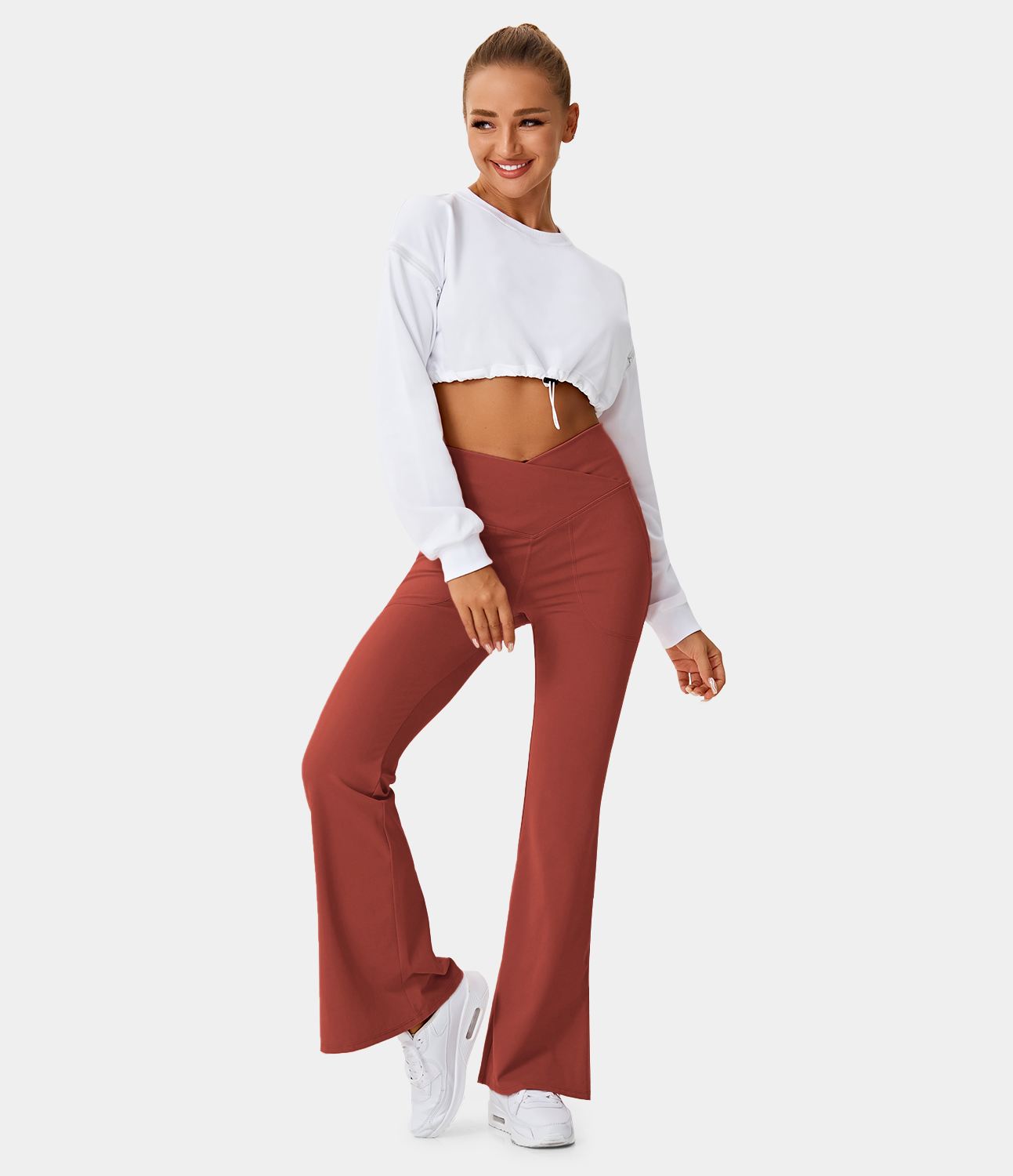 Halara Crossover Pocket Split Hem Full Length Flare Leggings-Smile  - Cinnabar - XL(petite) gym leggings leggings with pockets 