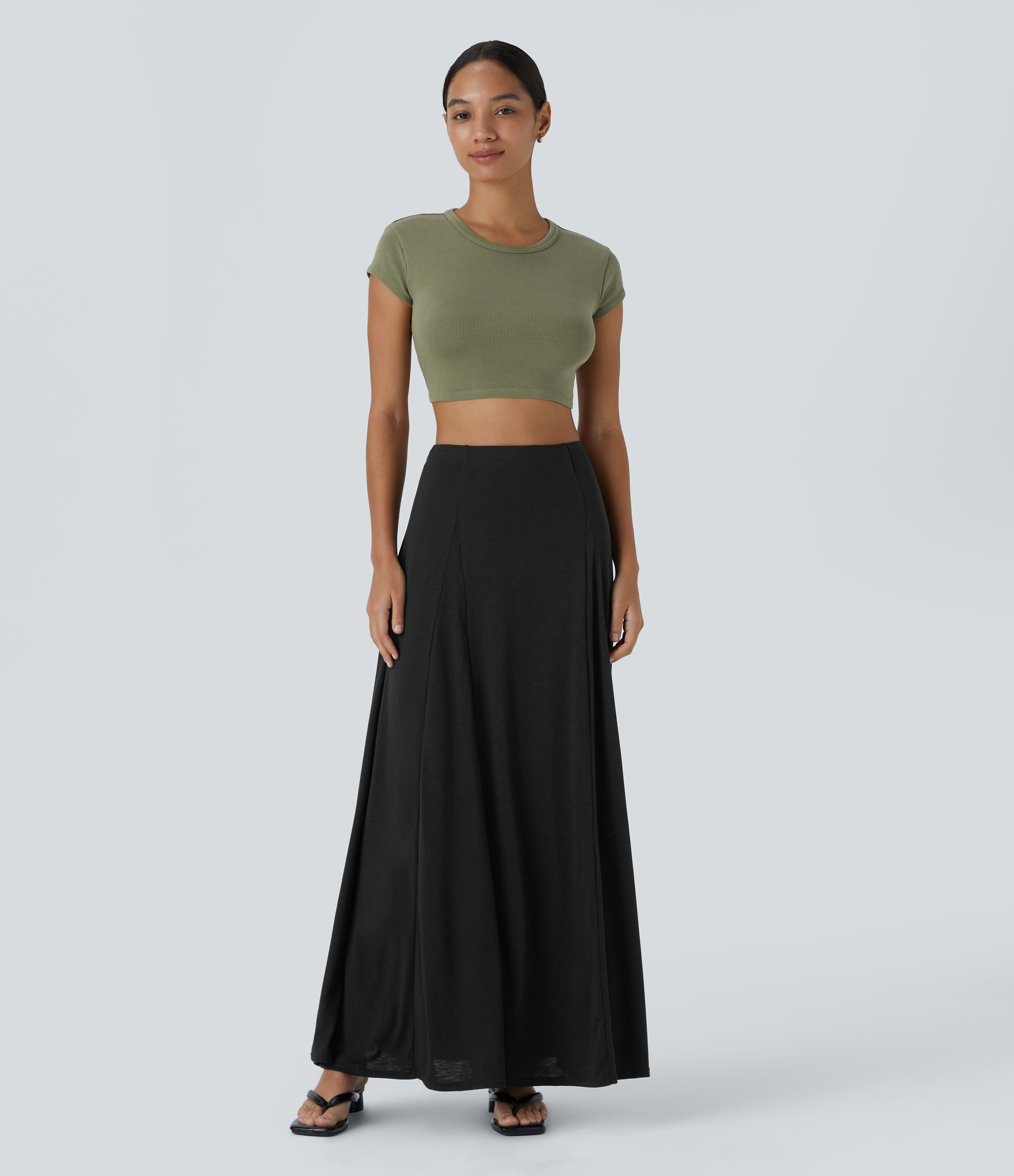 Halara High Waisted Side Zipper Maxi Casual Flare Skirt  - Black - M(regular) 