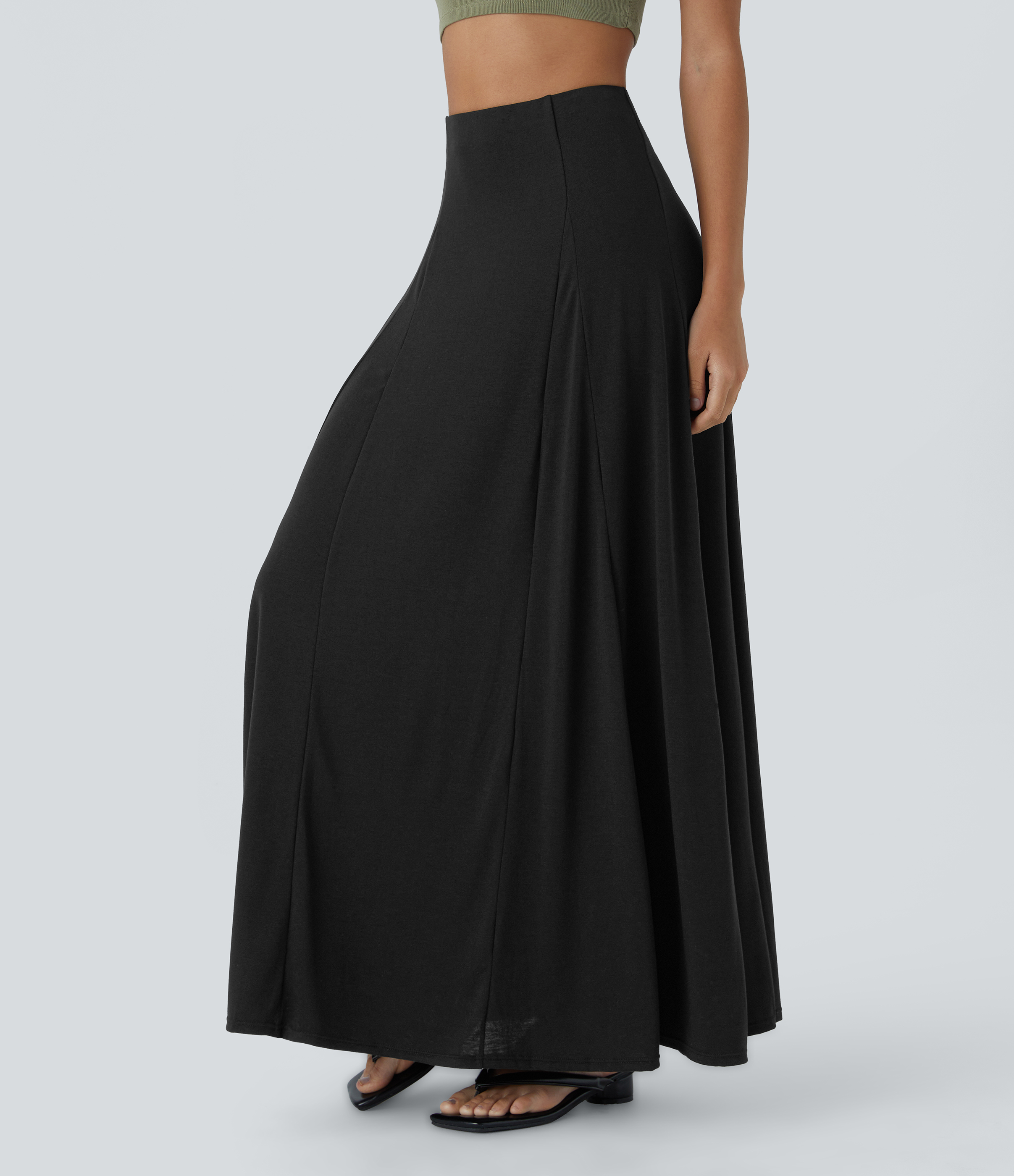 Halara High Waisted Side Zipper Maxi Casual Flare Skirt  - Black - M(regular) 