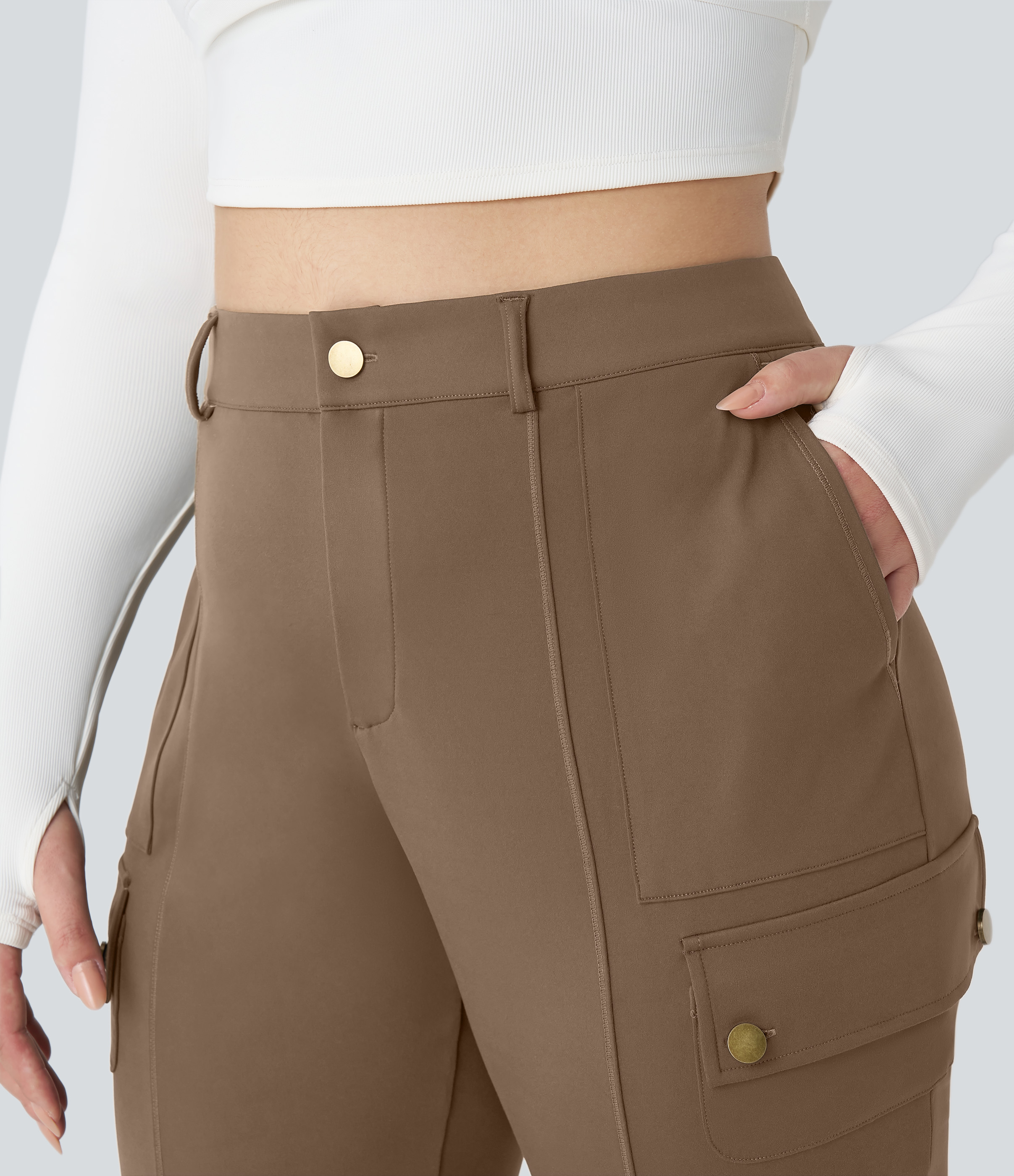 Halara High Waisted Button Zipper Multiple Pockets Solid Slim Hiking Plus Size Cargo Pants  - Sepia - 2X(regular) 