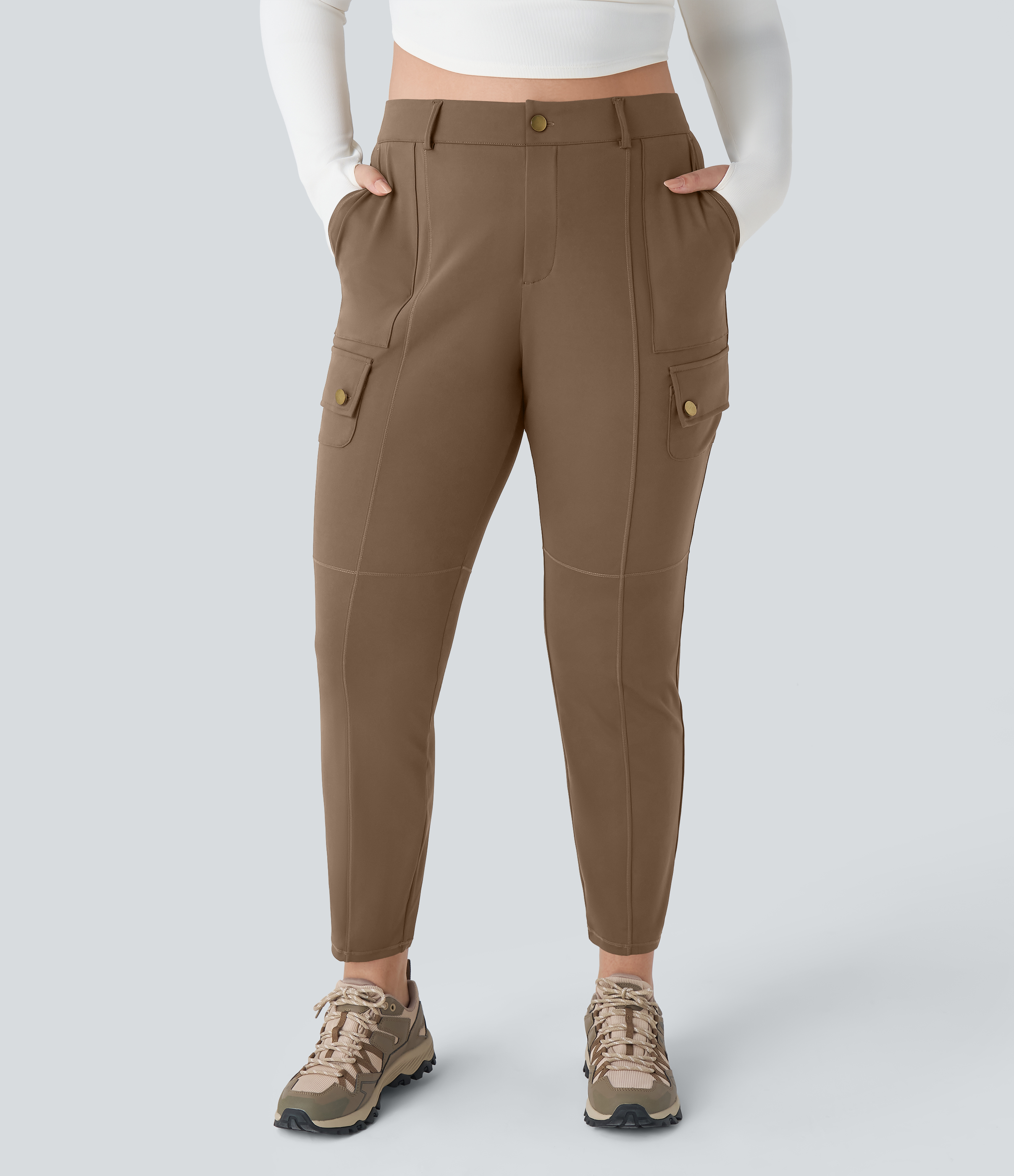 Halara High Waisted Button Zipper Multiple Pockets Solid Slim Hiking Plus Size Cargo Pants  - Sepia - 2X(regular) 