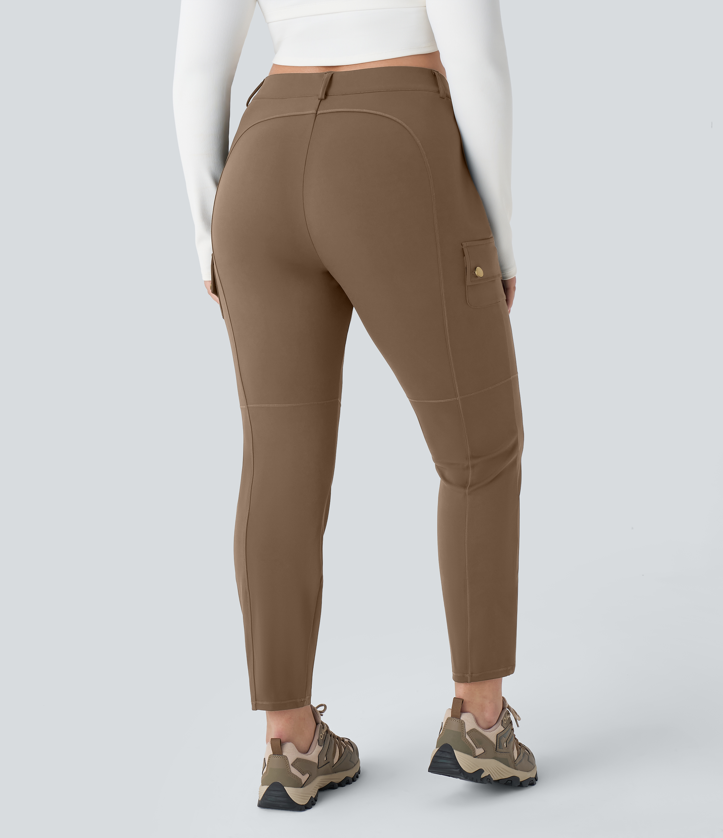 Halara High Waisted Button Zipper Multiple Pockets Solid Slim Hiking Plus Size Cargo Pants  - Sepia - 2X(regular) 