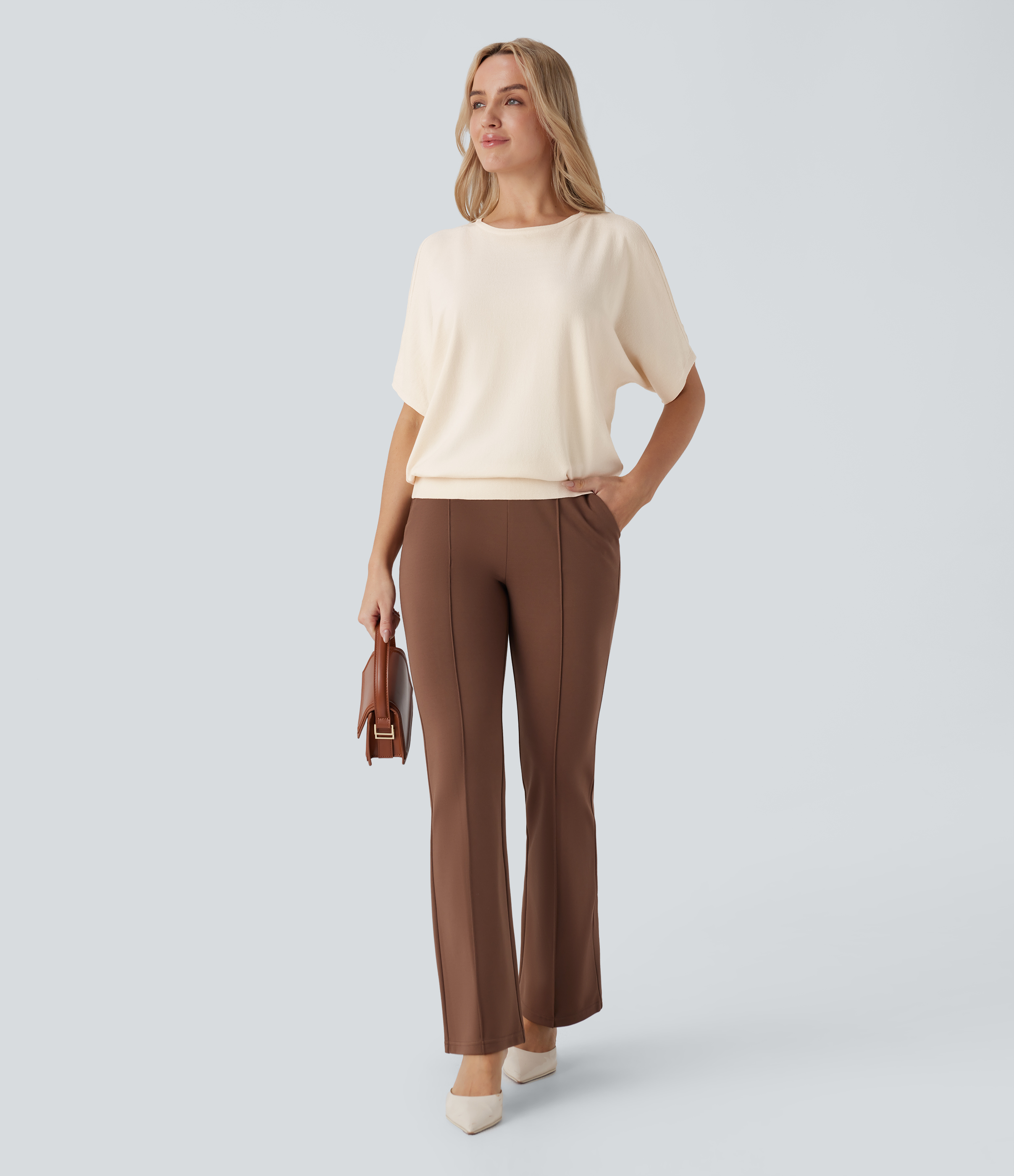 Halara Round Neck Cold Shoulder Short Sleeve Work Sweater  - Arctic Wolf - XS 