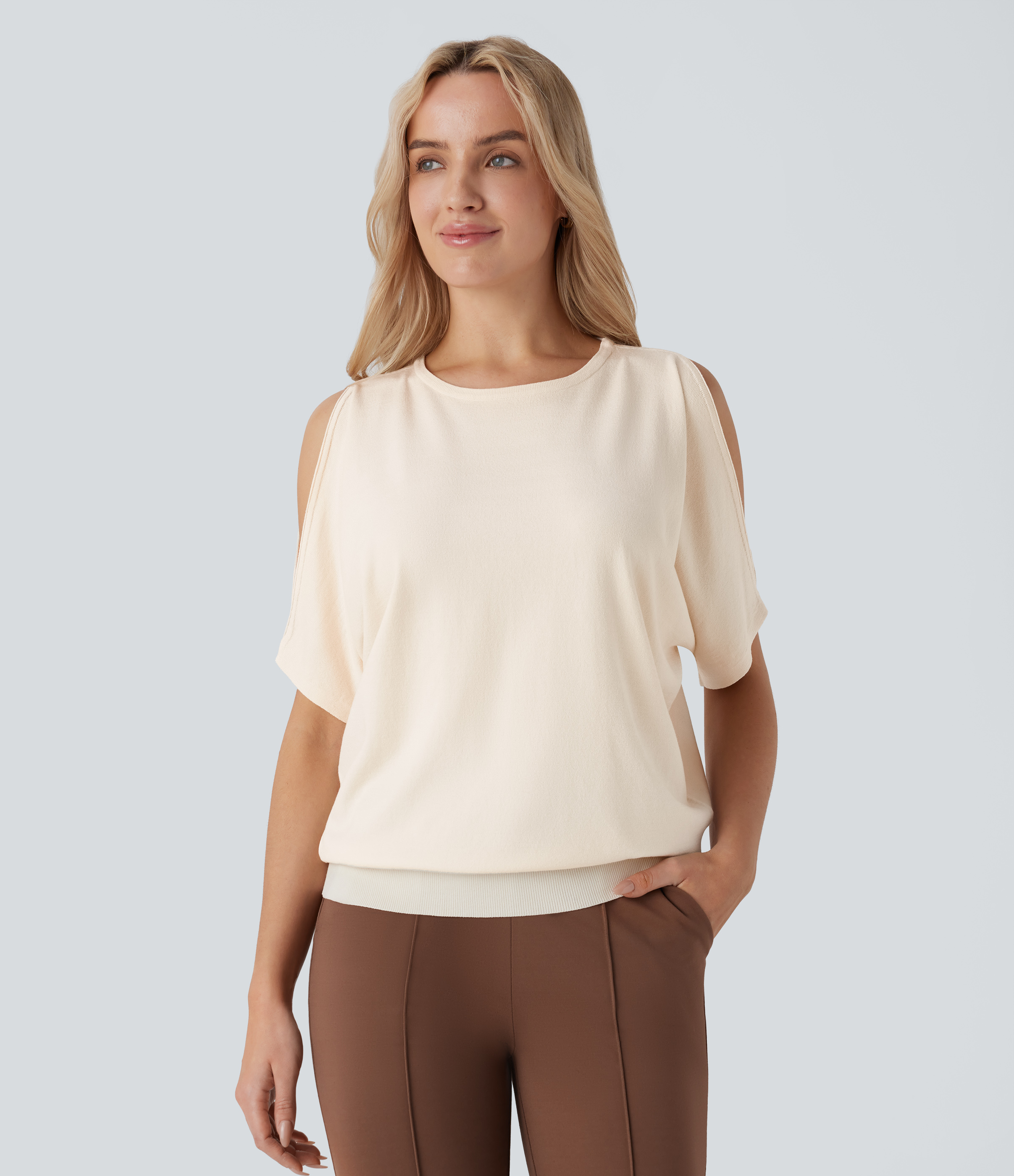 Halara Round Neck Cold Shoulder Short Sleeve Work Sweater  - Arctic Wolf - XS 