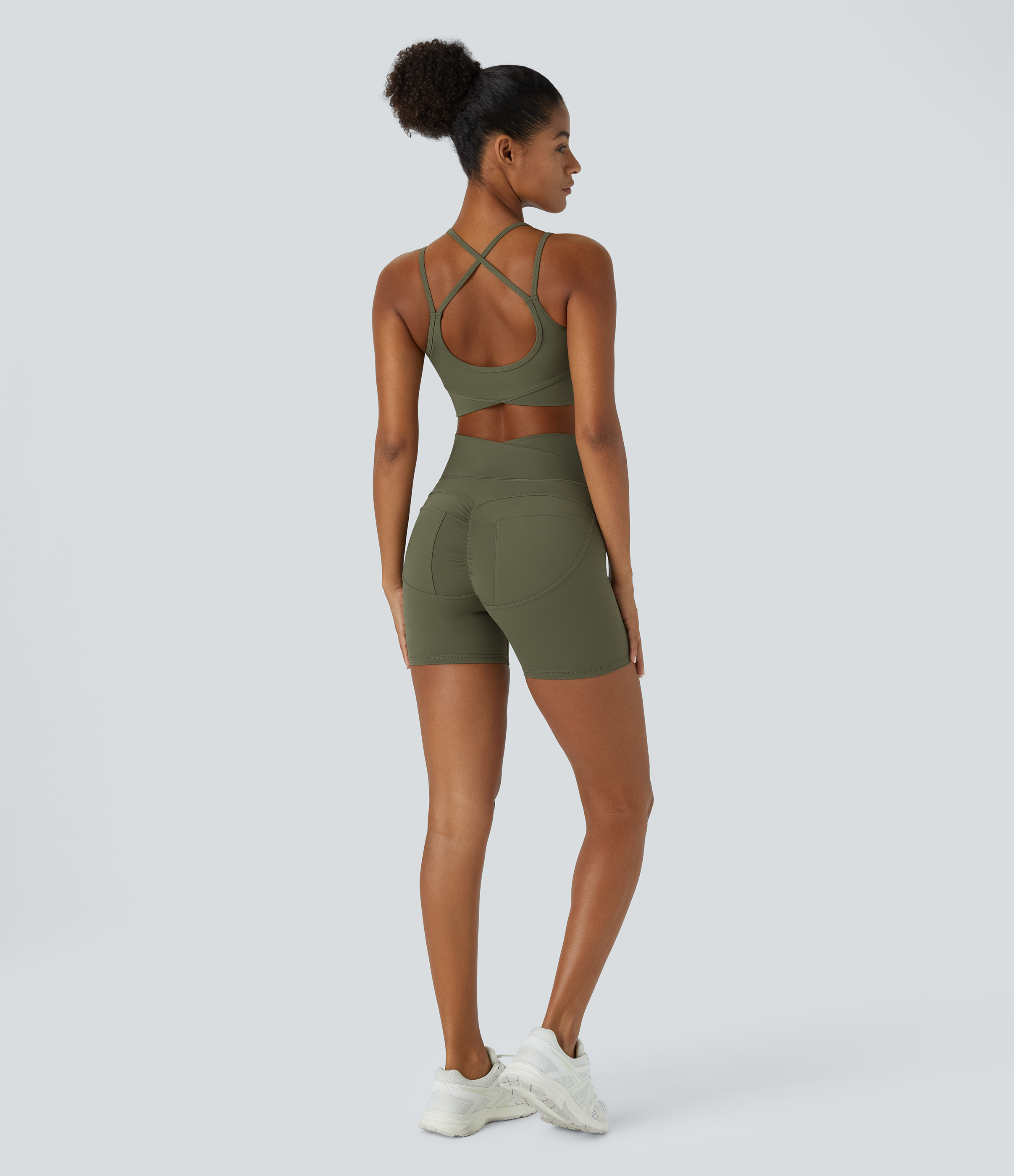 Halara Softlyzeroв„ў Plush High Waisted Crossover Ruched Plain Yoga Biker Shorts 5``  - Grass Grey Green - M biker shorts women 