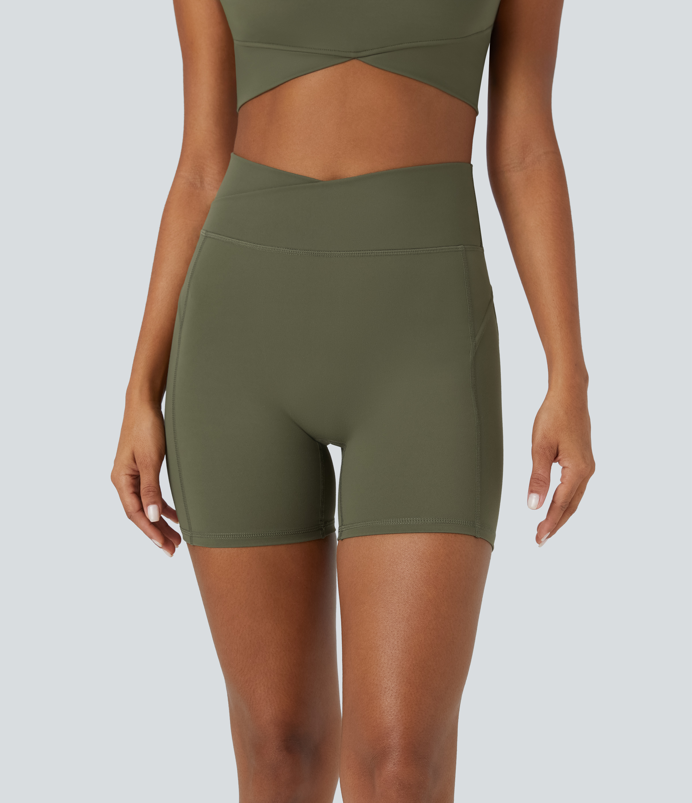 Halara Softlyzeroв„ў Plush High Waisted Crossover Ruched Plain Yoga Biker Shorts 5``  - Grass Grey Green - M biker shorts women 