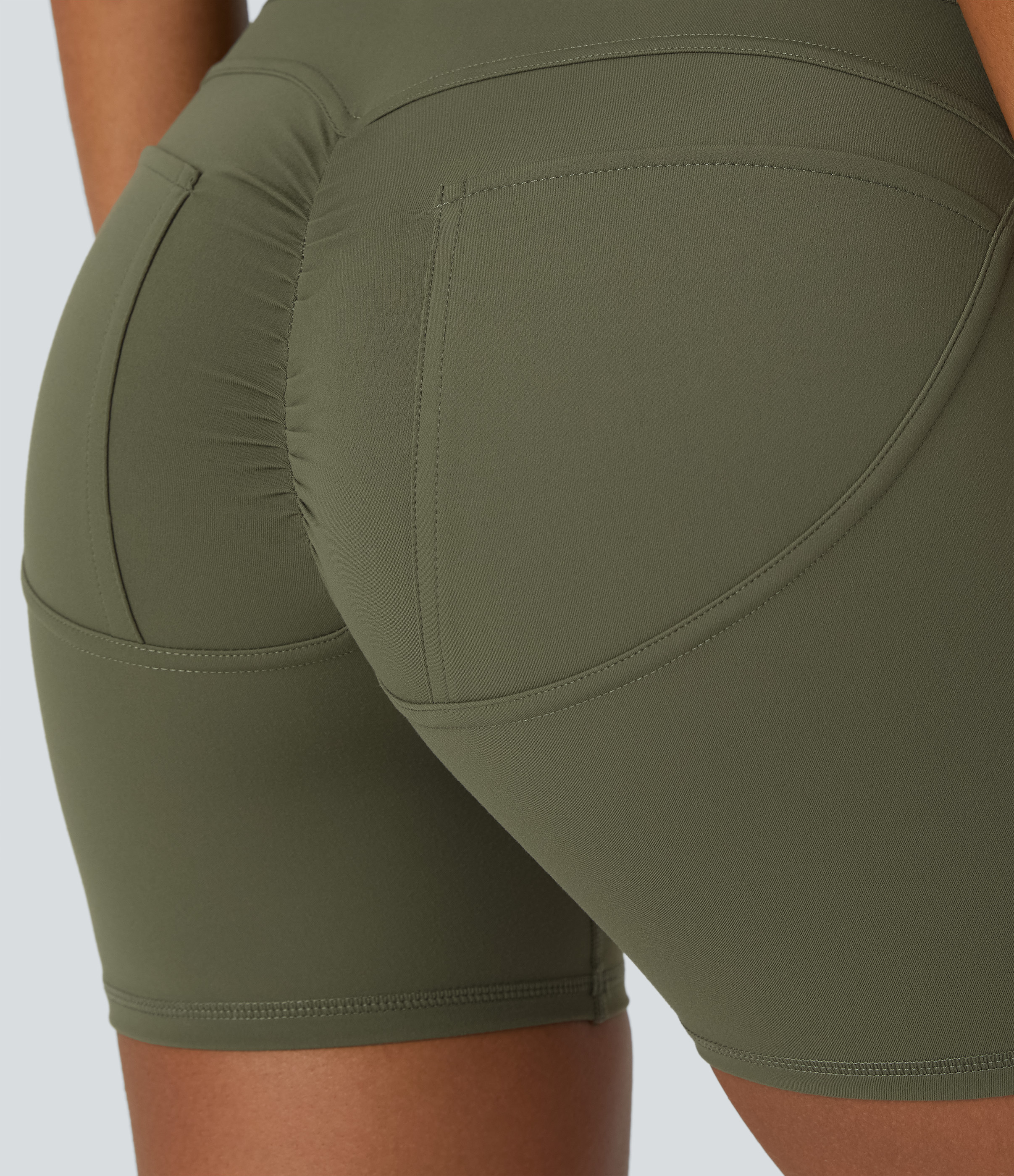 Halara Softlyzeroв„ў Plush High Waisted Crossover Ruched Plain Yoga Biker Shorts 5``  - Grass Grey Green - M biker shorts women 
