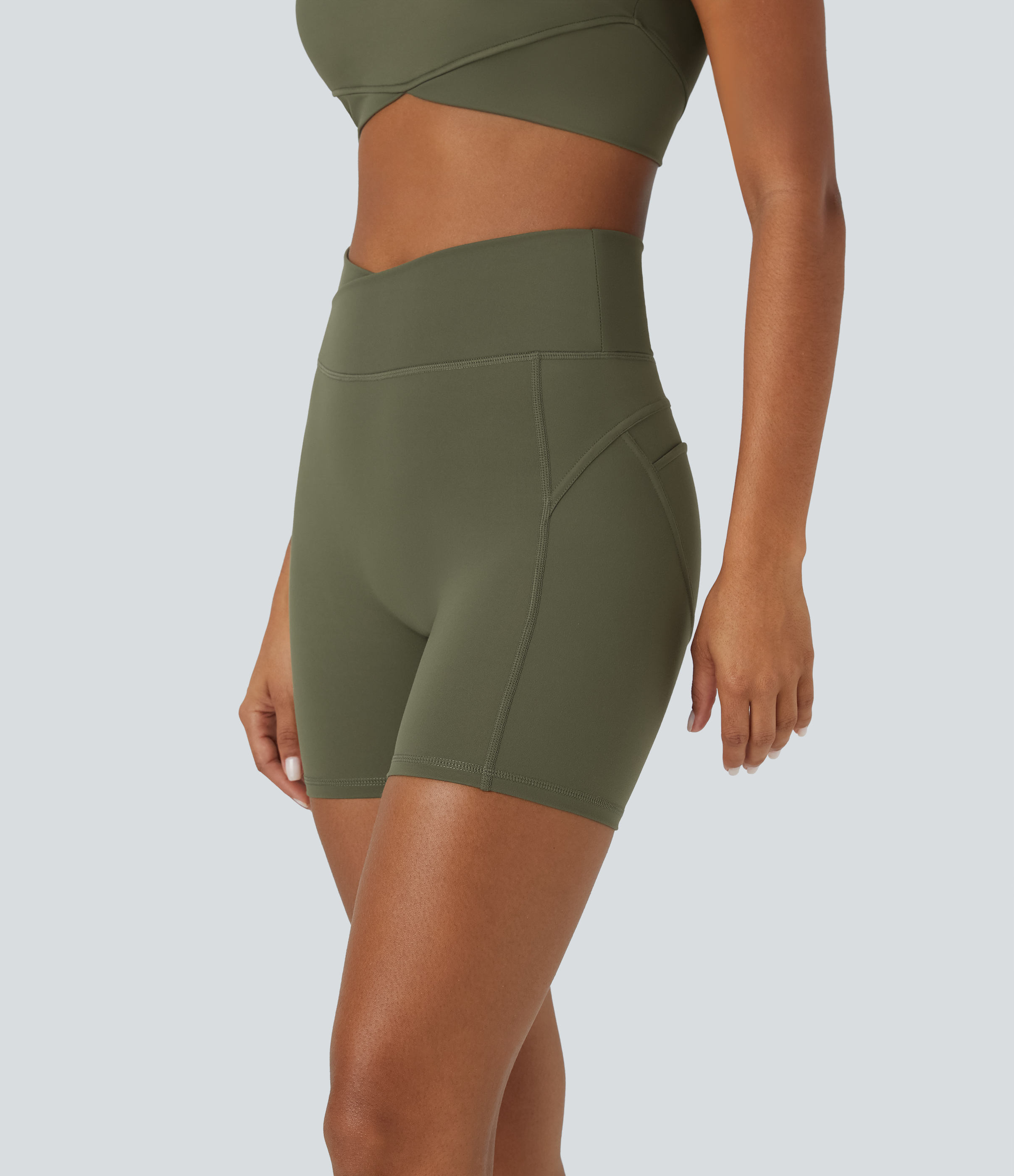 Halara Softlyzeroв„ў Plush High Waisted Crossover Ruched Plain Yoga Biker Shorts 5``  - Grass Grey Green - M biker shorts women 